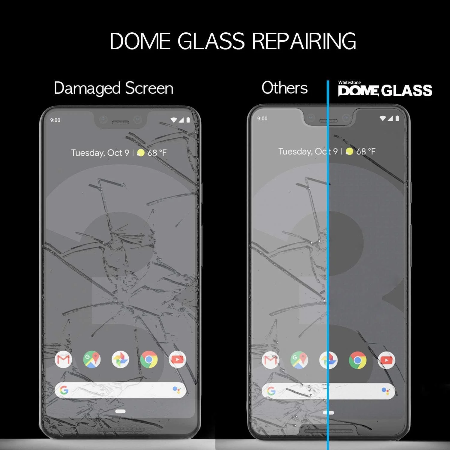 محافظ صفحه نمایش شیشه ای Dome Glass برای Google Pixel 3 XL، فناوری پخش مایع برای پوشش کامل لبه های صفحه نمایش، نصب آسان با نور UV توسط Whitestone برای Google Pixel 3XL - یک عدد