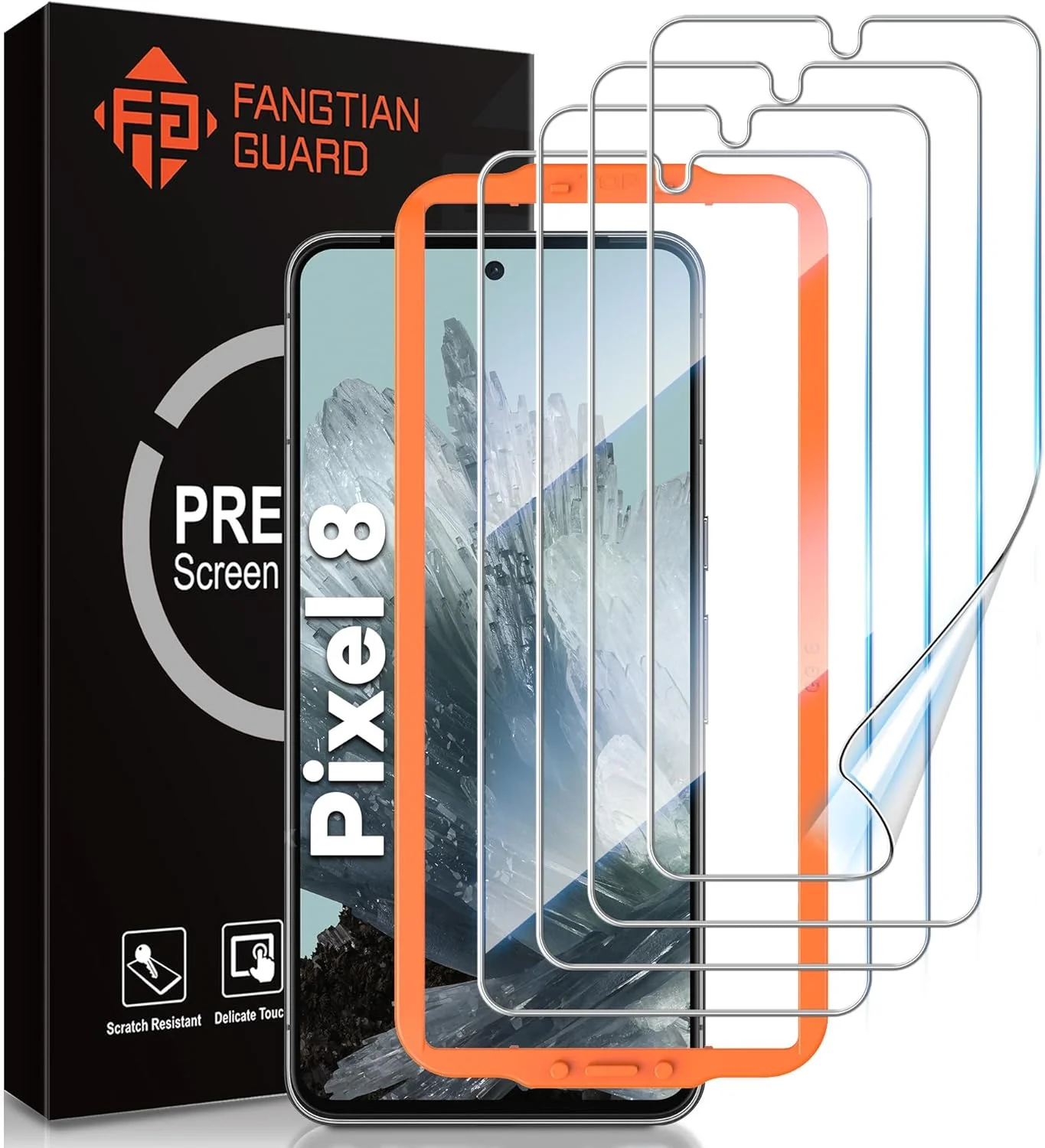 [بسته 4 عددی] محافظ صفحه نمایش FANGTIAN برای Google Pixel 8 [غیر شیشه ای] - فیلم محافظ صفحه نمایش Pixel 8 [6.1 اینچ] [سازگار با اثر انگشت] [ابزار تراز] [هیبریدی 7H] [2023]