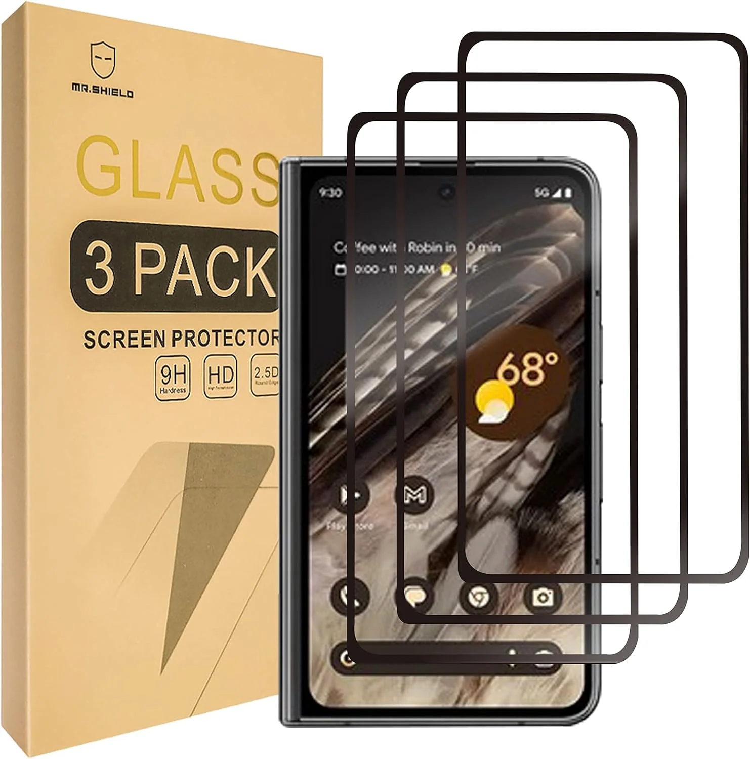 محافظ صفحه نمایش شیشه ای حرارت دیده Mr.Shield سازگار با Google Pixel Fold [پوشش کامل] [بسته 3 عددی] فیلم محافظ صفحه نمایش با سختی 9H