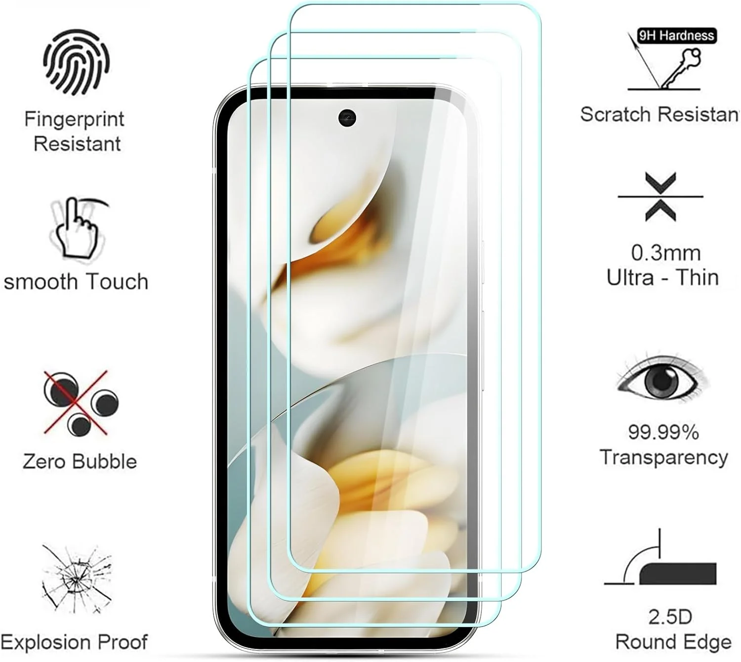 محافظ صفحه نمایش شیشه ای AYSOW برای Google Pixel 9a، شیشه ممتاز 0.3 میلی متر با سختی 9H و فیلم 2.5D، ضد خش، نصب آسان، محافظ صفحه نمایش برای Google Pixel 9a [بسته 3 عددی]