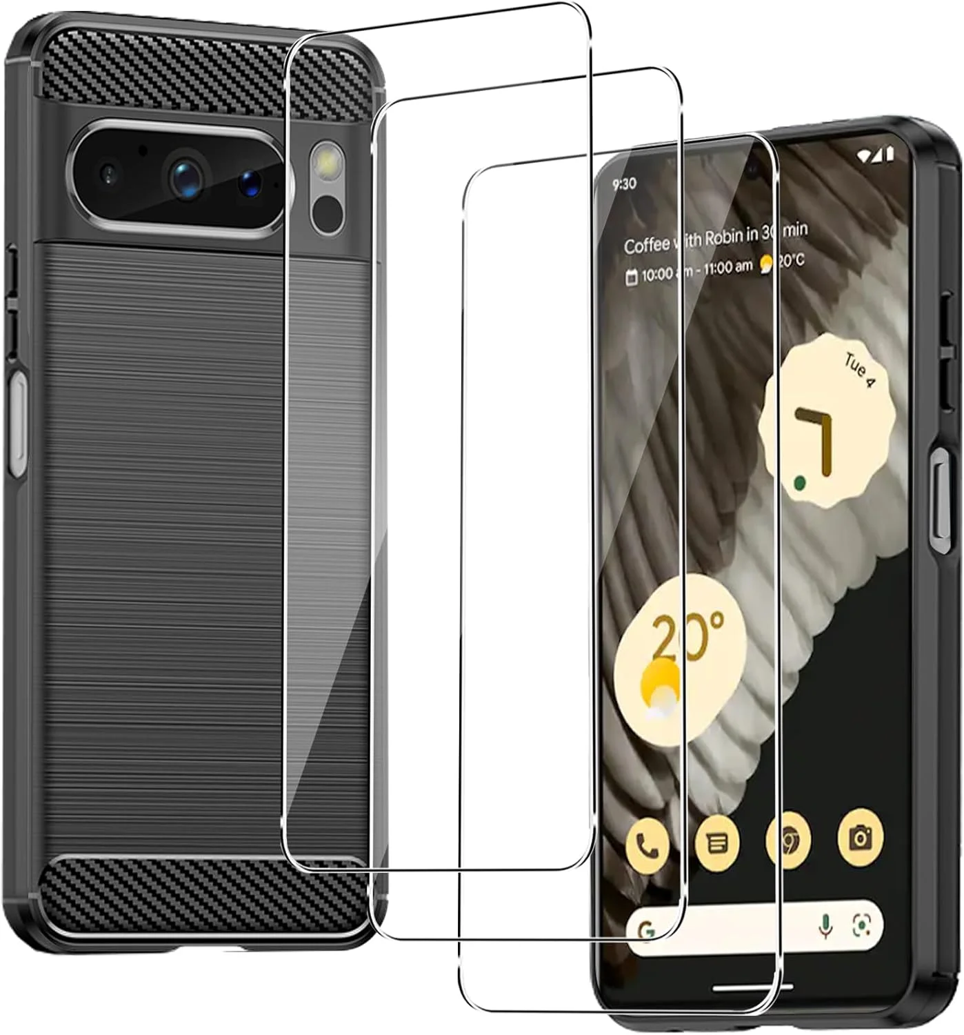 کاور CONAPIKA برای Google Pixel 8 Pro به همراه 3 عدد محافظ صفحه نمایش شیشه ای حرارت دیده، کاور فوق العاده نازک [طرح فیبر کربن] [ضد ضربه] قاب محافظ سبک وزن تلفن همراه