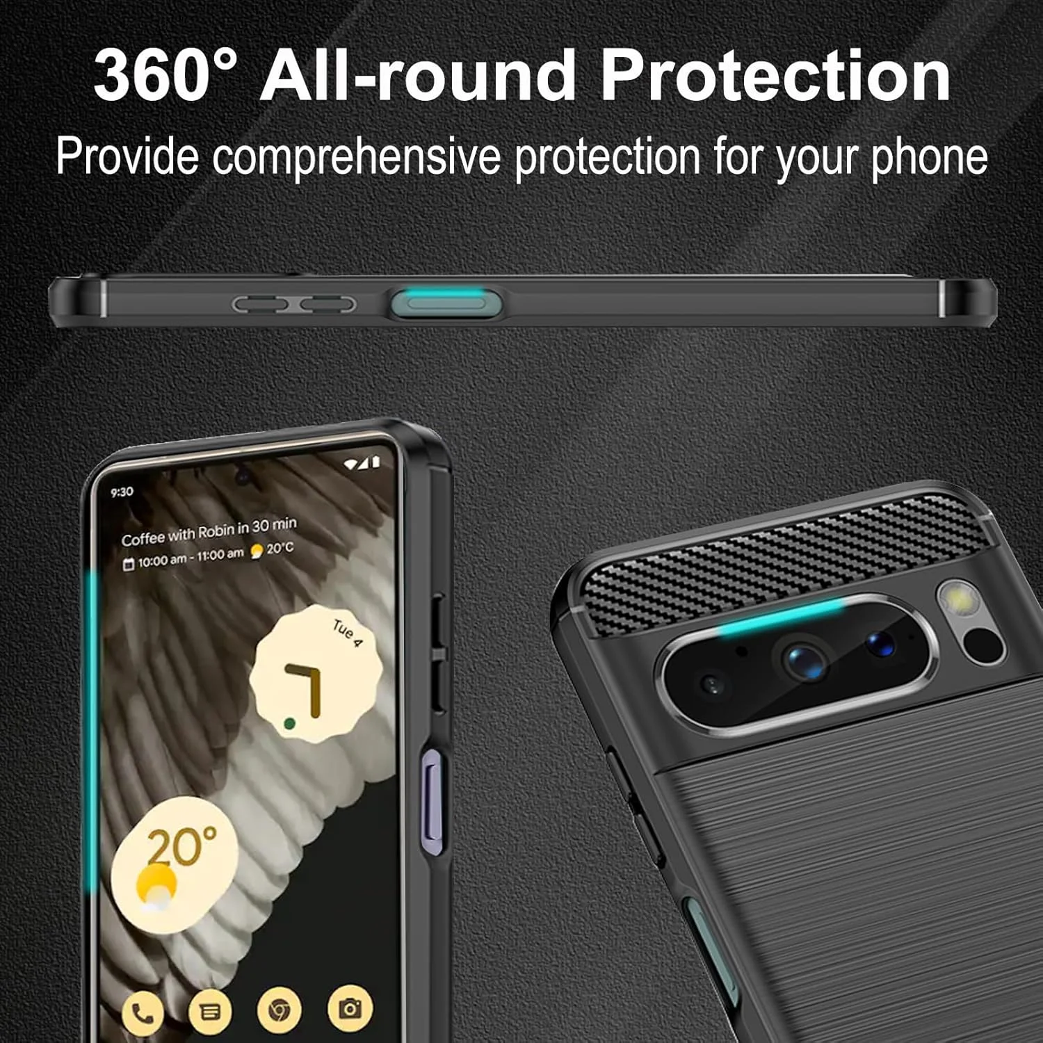 کاور CONAPIKA برای Google Pixel 8 Pro به همراه 3 عدد محافظ صفحه نمایش شیشه ای حرارت دیده، کاور فوق العاده نازک [طرح فیبر کربن] [ضد ضربه] قاب محافظ سبک وزن تلفن همراه