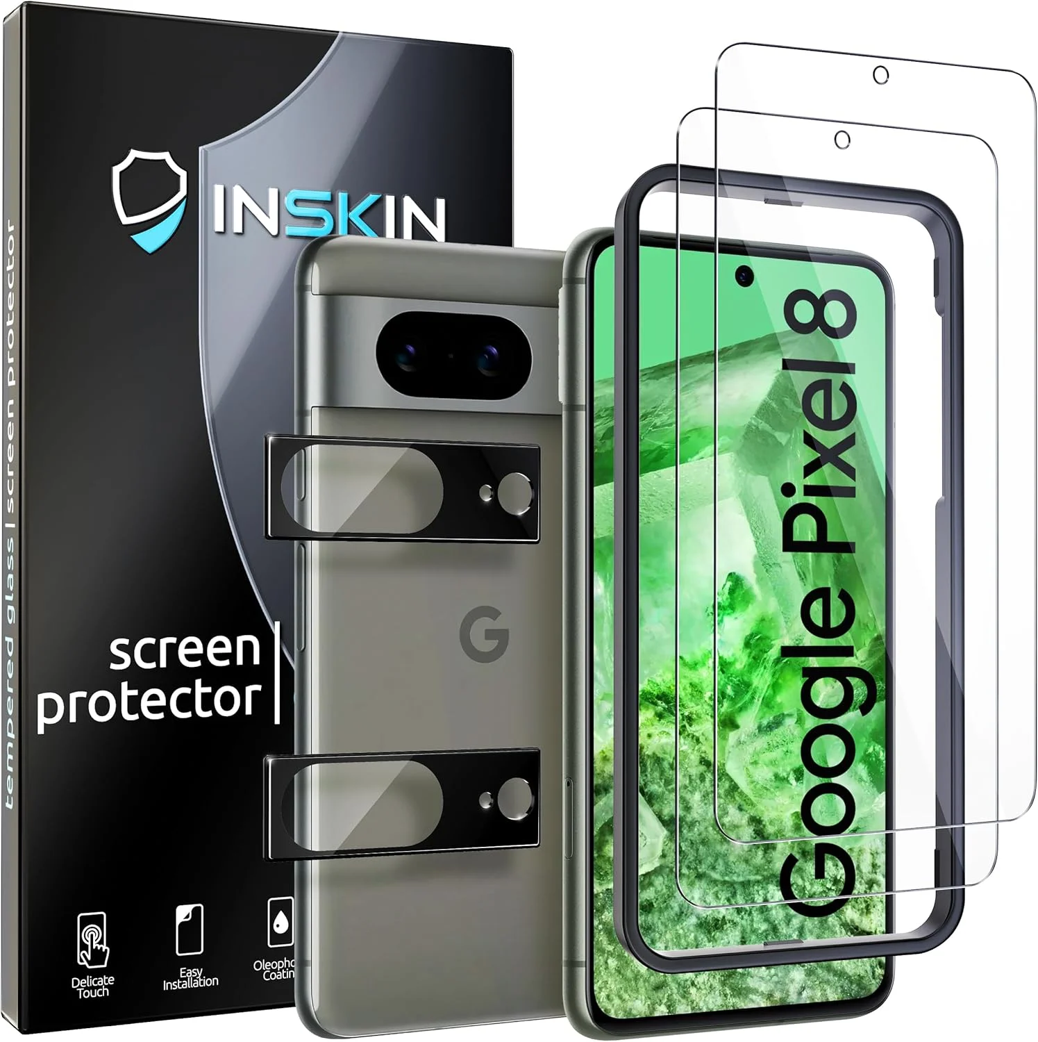 محافظ صفحه نمایش شیشه ای حرارت دیده Inskin برای گوگل پیکسل 8 (6.2 اینچ، 2023) - بسته 2+2 نهایی با محافظ لنز دوربین و سینی نصب آسان - پشتیبانی از شناسه اثر انگشت، شفافیت HD، سازگار با قاب