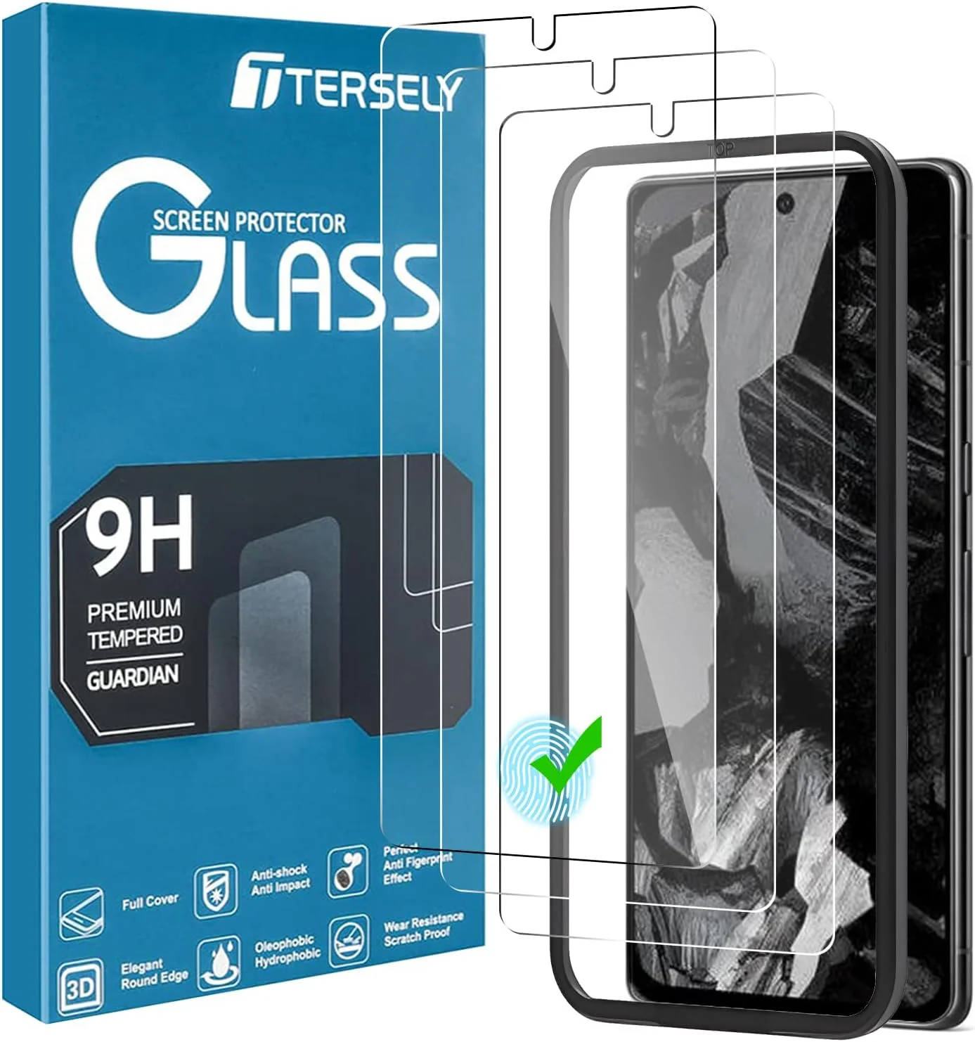 محافظ صفحه نمایش T Tersely [بسته 3 عددی] برای گوگل پیکسل 8a 2024 (6.1 اینچ)، پشتیبانی از باز کردن قفل با اثر انگشت، فیلم شیشه ای حرارت دیده HD ممتاز [سازگار با قاب] [سختی 9H]، ابزار نصب آسان