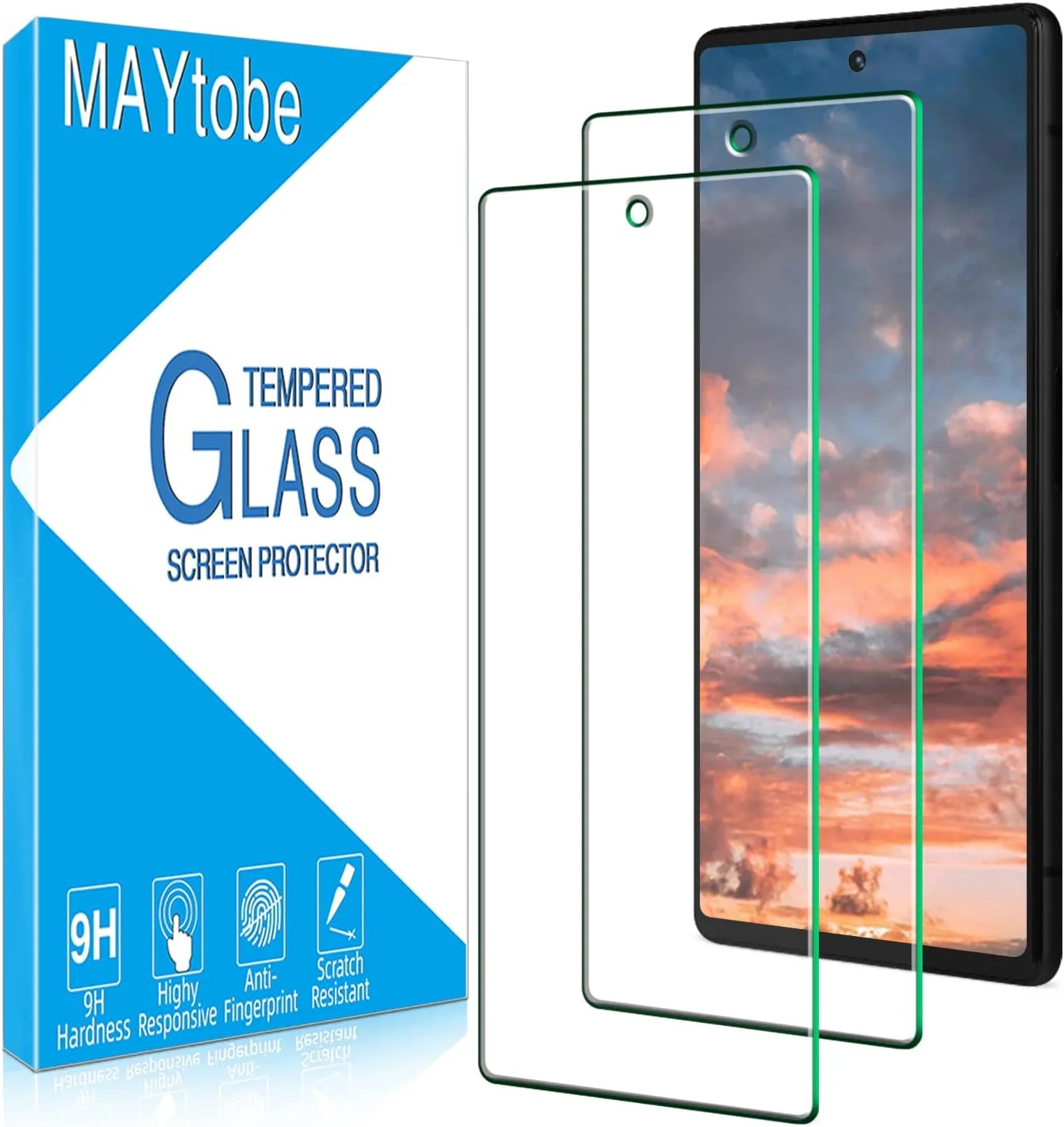 محافظ صفحه نمایش MAYtobe [بسته 2 عددی] شیشه حرارت دیده برای گوگل پیکسل 6، سازگار با شناسه اثر انگشت، ضد خش، سختی 9H، بدون حباب، نصب آسان