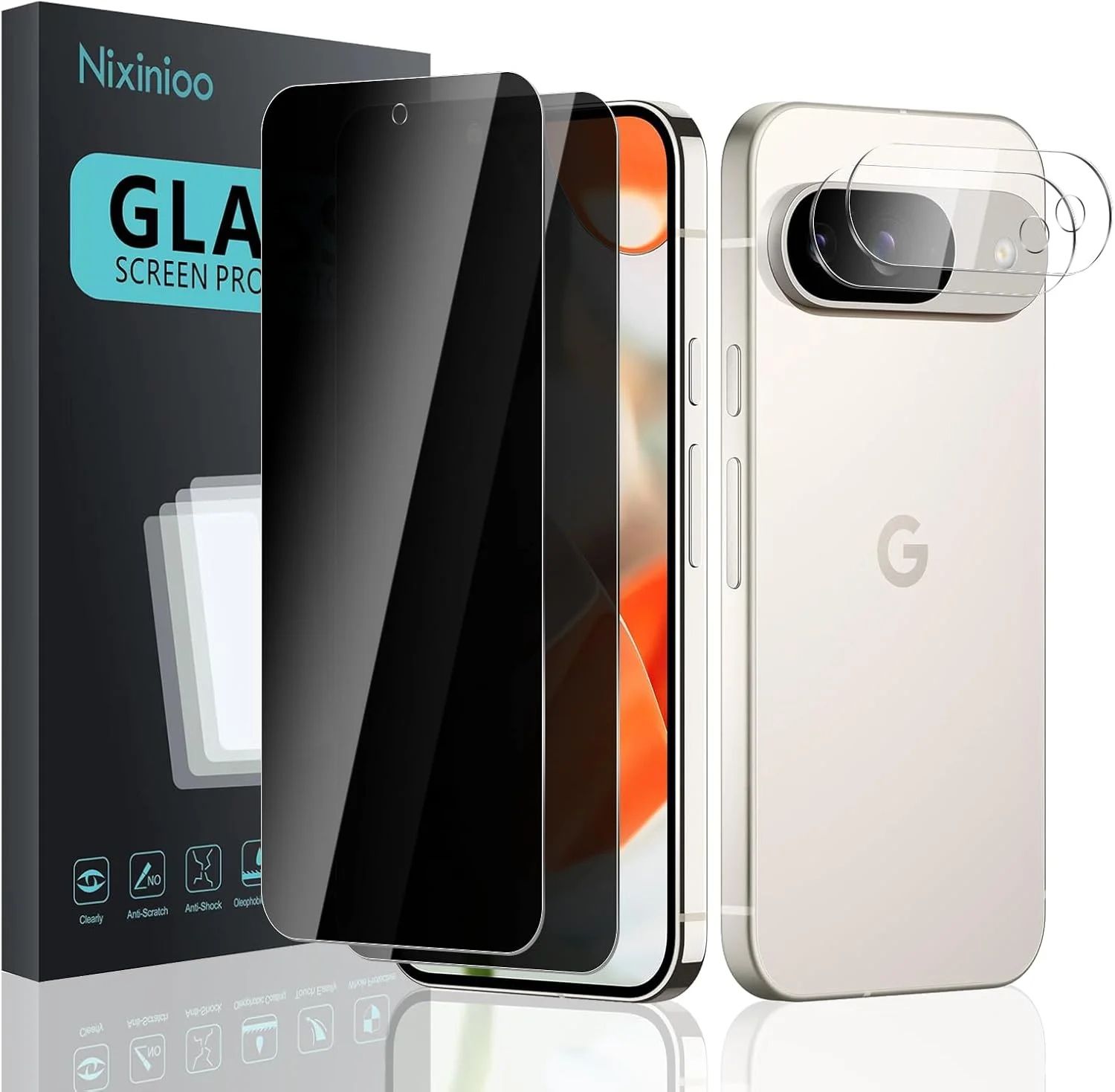 [بسته 4 عددی] محافظ صفحه نمایش حریم خصوصی برای گوگل پیکسل 9، 2 عدد شیشه محافظ ضد جاسوسی + 2 عدد محافظ دوربین، [ضد جاسوسی] [سختی 9H] [بدون حباب] [مقاوم در برابر خراش]