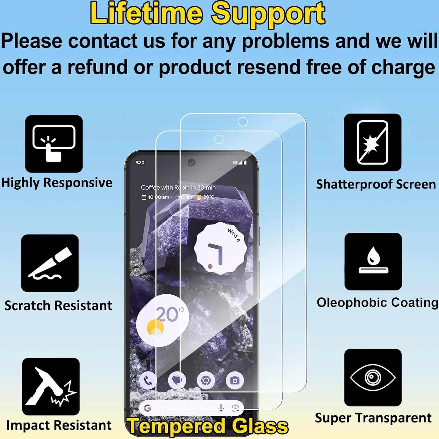 محافظ صفحه نمایش 4youquality برای گوگل پیکسل 8 (6.2 اینچ)، فیلم شیشه ای حرارت دیده، 2 عدد، [مقاوم در برابر ضربه] [ضد خش]