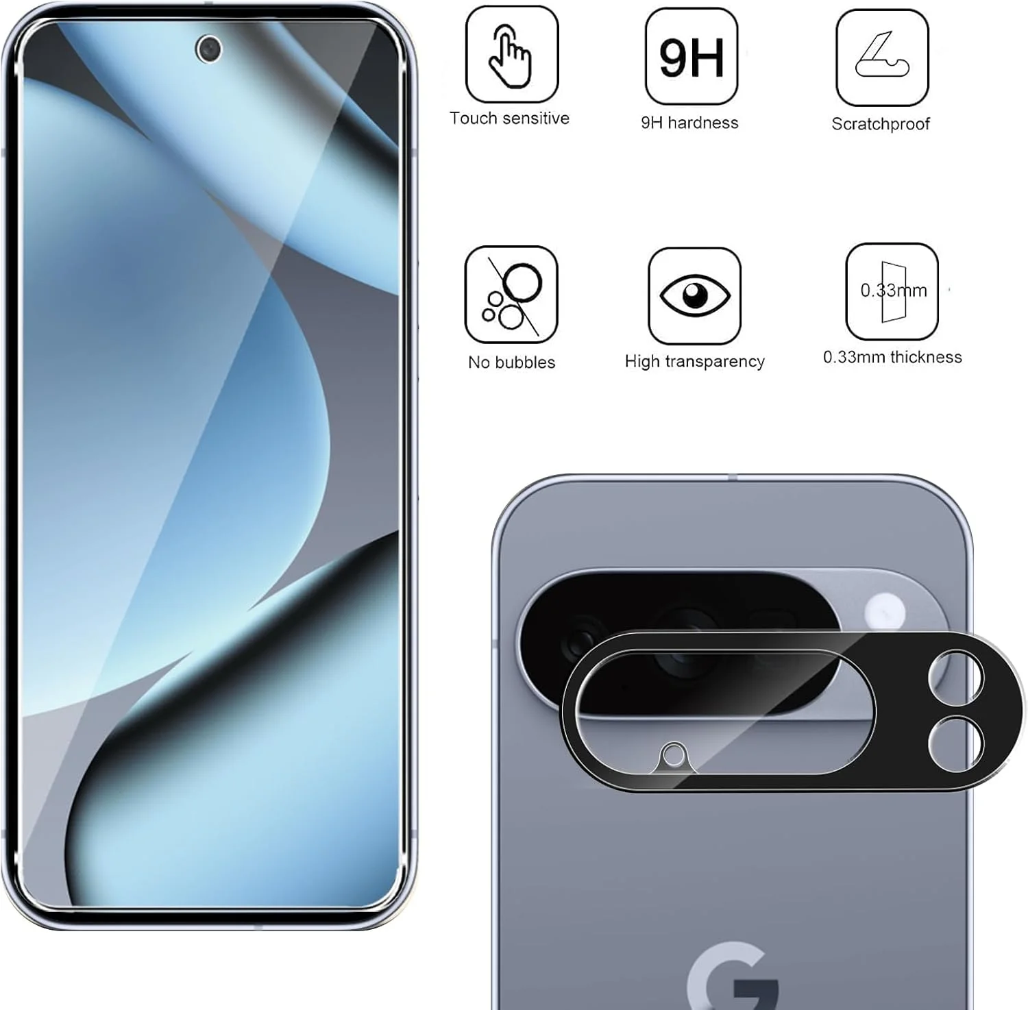 محافظ صفحه نمایش KZIOACSH برای گوگل پیکسل 10 پرو، بسته 2+2+1، شیشه حرارت دیده محافظ ضد خش شفاف HD با سختی 9H به همراه محافظ لنز دوربین و ابزار قاب تراز