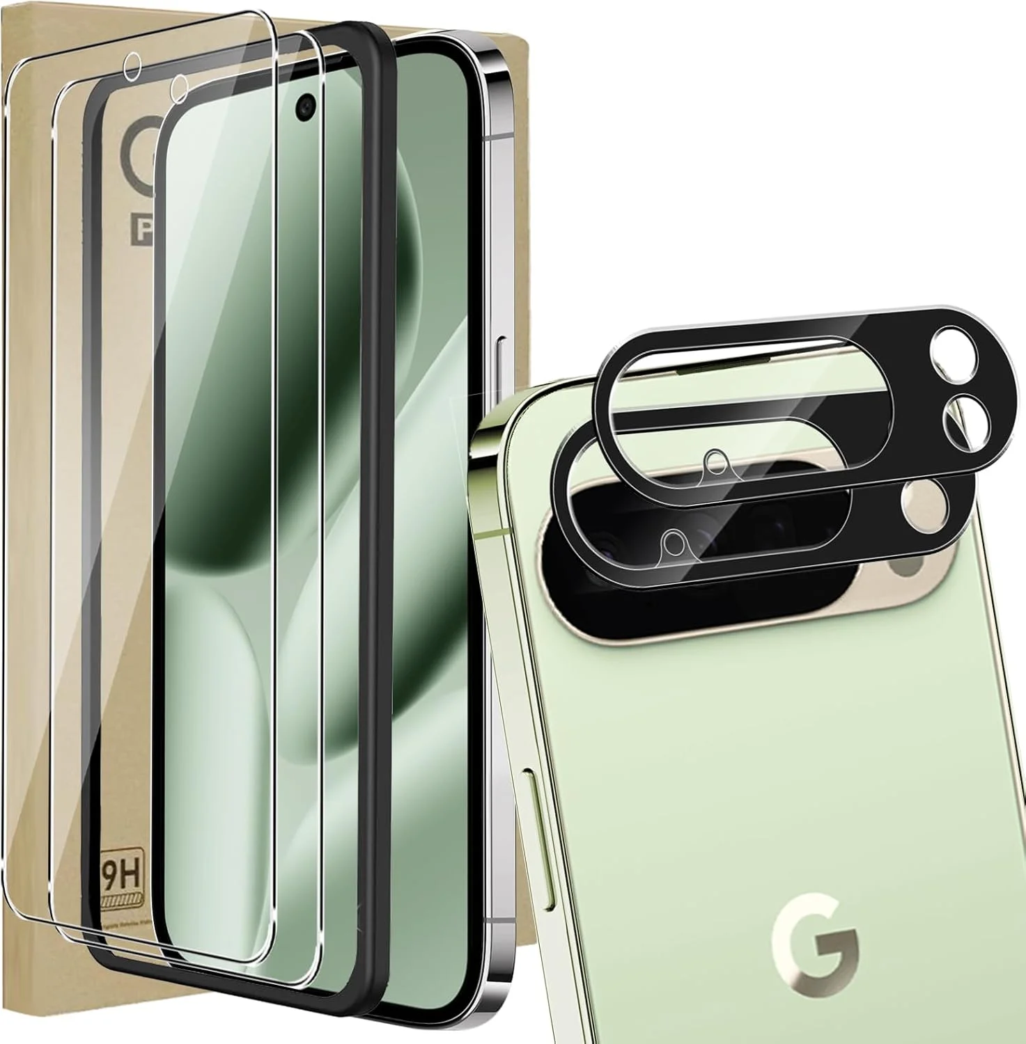محافظ صفحه نمایش KZIOACSH برای گوگل پیکسل 10 پرو XL، بسته 2+2+1، سختی 9H، شفاف HD، بدون حباب، ضد خش، فیلم محافظ شیشه ای حرارت دیده با محافظ لنز دوربین و ابزار قاب تراز