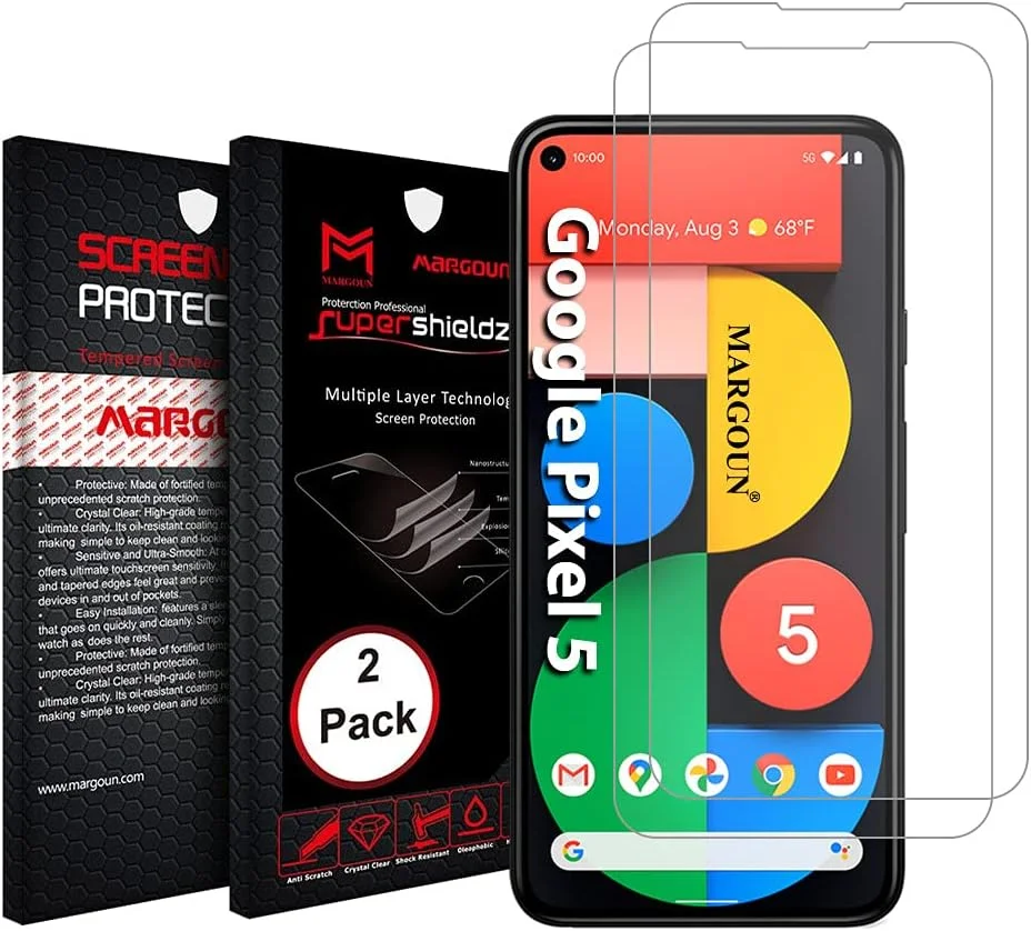 محافظ صفحه نمایش شیشه ای مارگون مدل Google Pixel 5 بسته 2 عددی، 6.0 اینچ (2020)، چسب کناری، ضد خش (شفاف، 2 عدد)