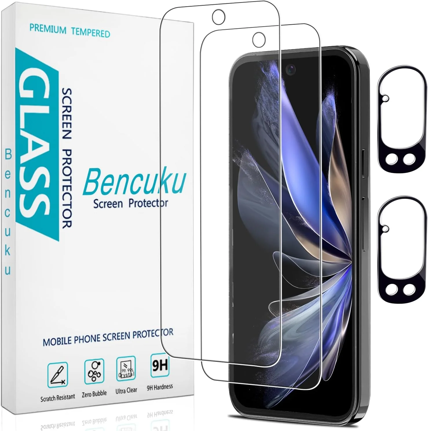 محافظ صفحه نمایش شیشه ای حرارت دیده بنکوکو 2 عددی برای گوگل پیکسل 10 پرو XL به همراه 2 عدد محافظ لنز دوربین، سختی 9H، ضد خش، بدون حباب