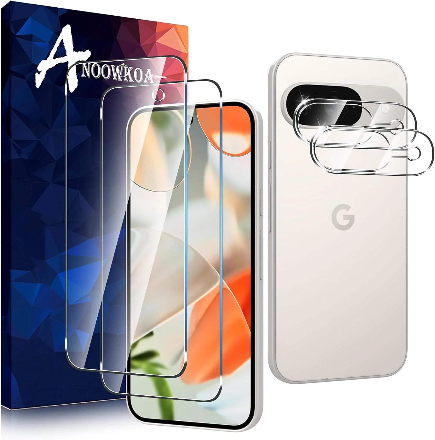 محافظ صفحه نمایش شیشه ای حرارت دیده آنووکوا 2 عددی برای گوگل پیکسل 9 + [2 عدد] محافظ لنز دوربین، ضد خش و بسیار مقاوم