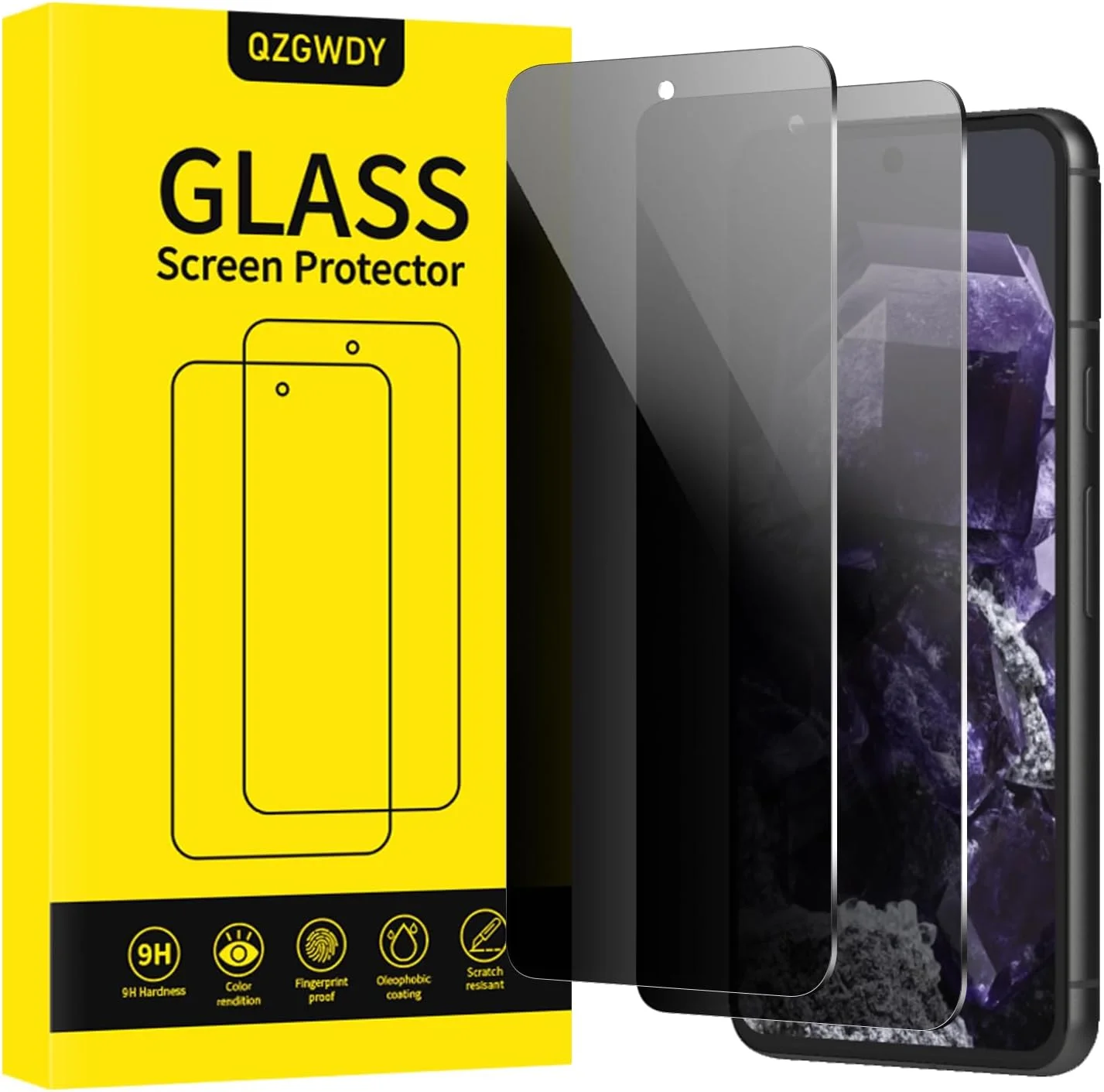 محافظ صفحه نمایش شیشه ای حریم خصوصی QZGWDY برای گوگل پیکسل 8، بسته 2 عددی، بدون حباب، سختی 9H، نصب آسان