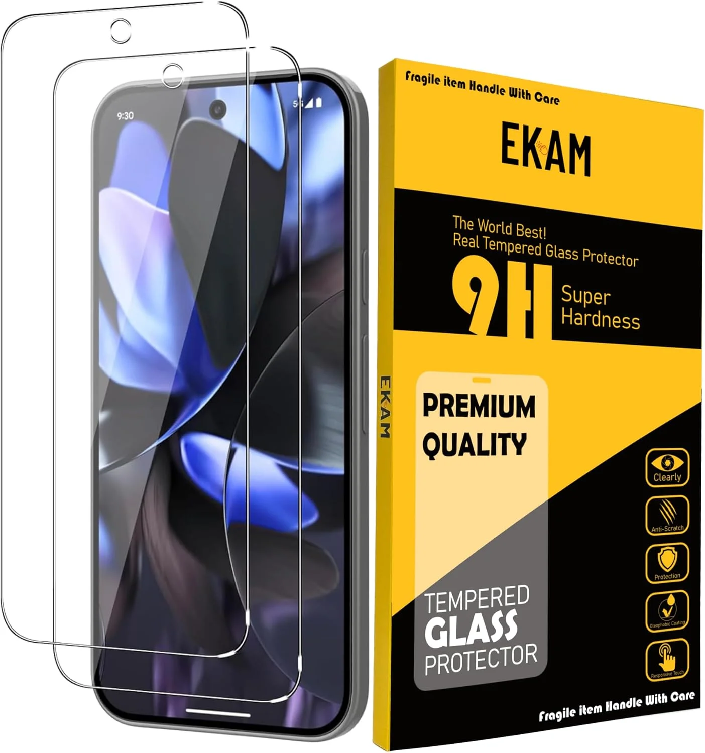 محافظ صفحه نمایش EKAM برای گوگل پیکسل 9 پرو، [2 عدد] شیشه حرارت دیده [سختی 9H] [بدون حباب] محافظ صفحه نمایش سازگار با قاب برای گوگل پیکسل 9 پرو [6.3 اینچ]