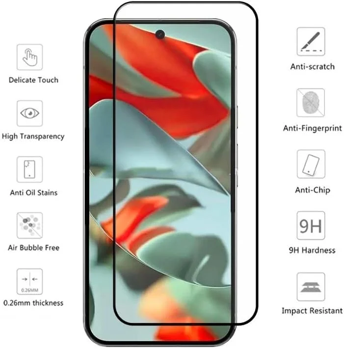 Muzz Google Pixel 9 Pro Screen Protector, Full Glue, Bubble Free, Anti-Scratch, Anti-Fingerprint, 9H Hardness 3D Curved Edge Tempered Glass Screen Protector for Google Pixel 9 Pro 2024 5D Black Glass