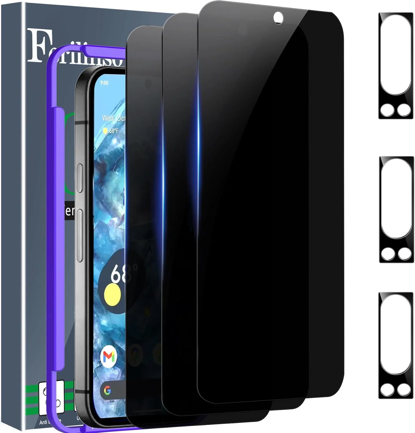 محافظ صفحه نمایش حریم خصوصی Ferilinso بسته 3 عددی برای گوگل پیکسل 8 پرو به همراه محافظ لنز دوربین شیشه ای حرارت دیده بسته 3 عددی، لوازم جانبی سازگار با قاب گوشی، محافظ صفحه نمایش برای گوگل پیکسل 8 پرو