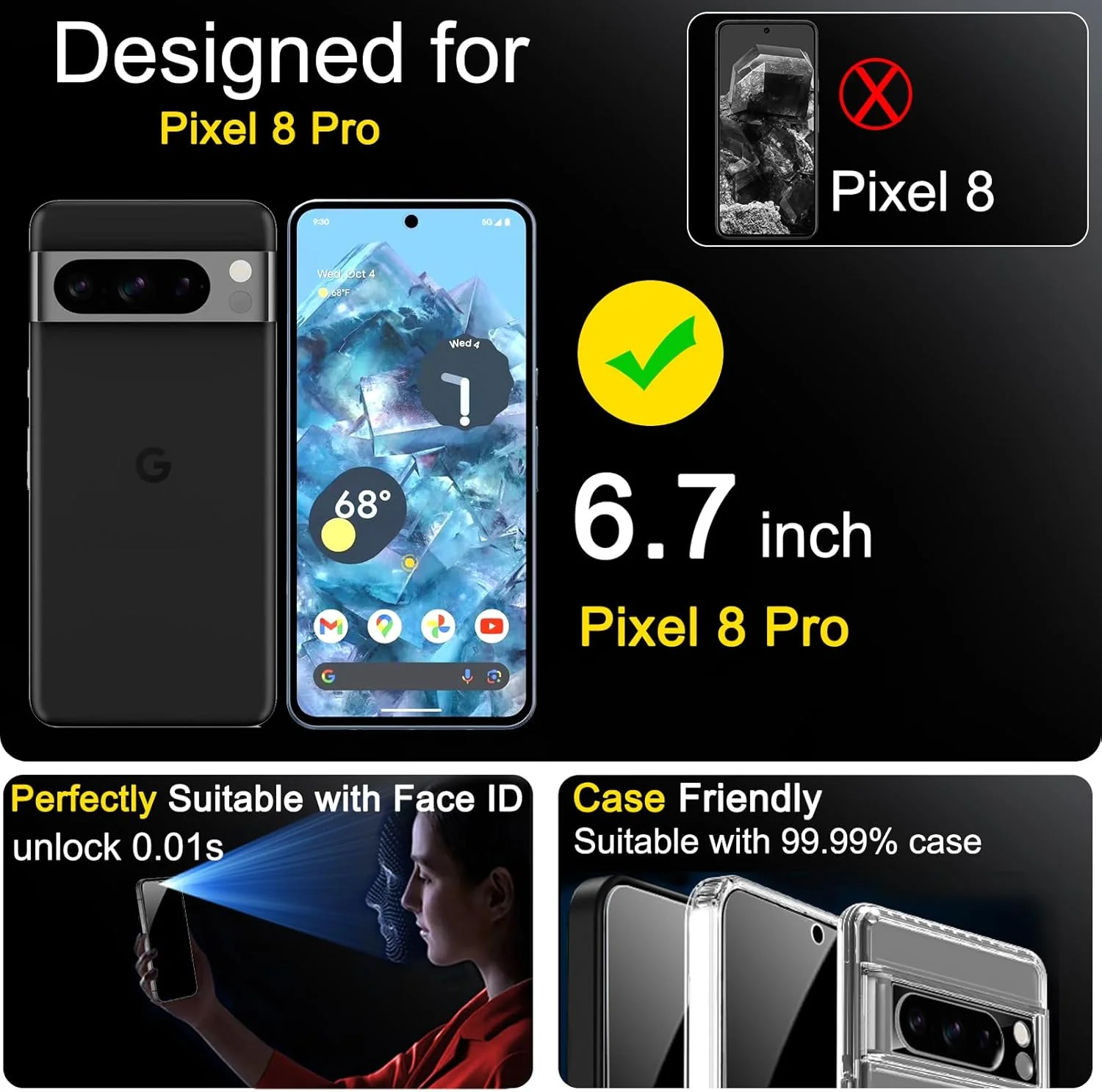 محافظ صفحه نمایش حریم خصوصی Ferilinso بسته 3 عددی برای گوگل پیکسل 8 پرو به همراه محافظ لنز دوربین شیشه ای حرارت دیده بسته 3 عددی، لوازم جانبی سازگار با قاب گوشی، محافظ صفحه نمایش برای گوگل پیکسل 8 پرو