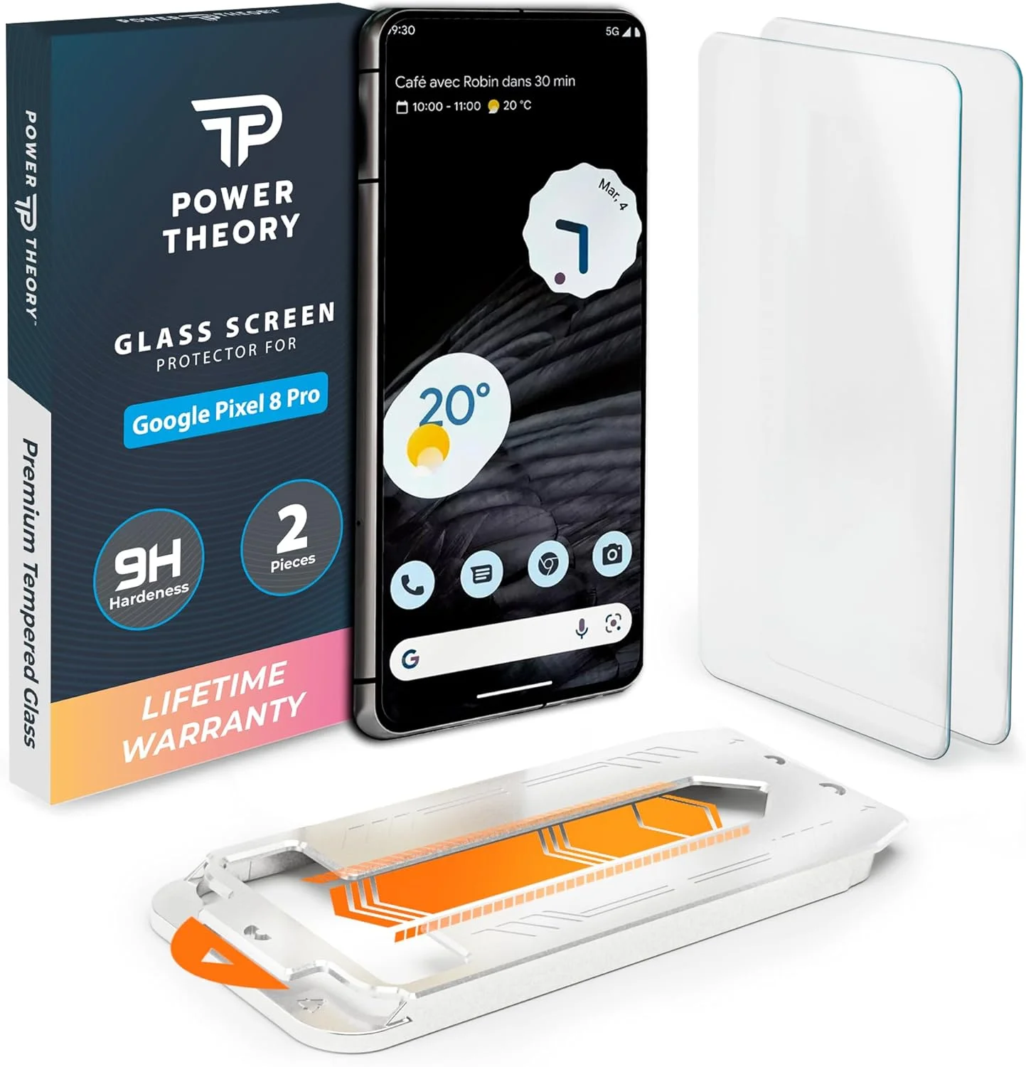 محافظ صفحه نمایش شیشه ای حرارت دیده پاور تئوری سازگار با گوگل پیکسل 8 پرو [سختی فوق العاده 9H]، بسته 2 عددی، کیت نصب آسان، 99% شفافیت HD بدون حباب، سازگار با قاب، ضد خش