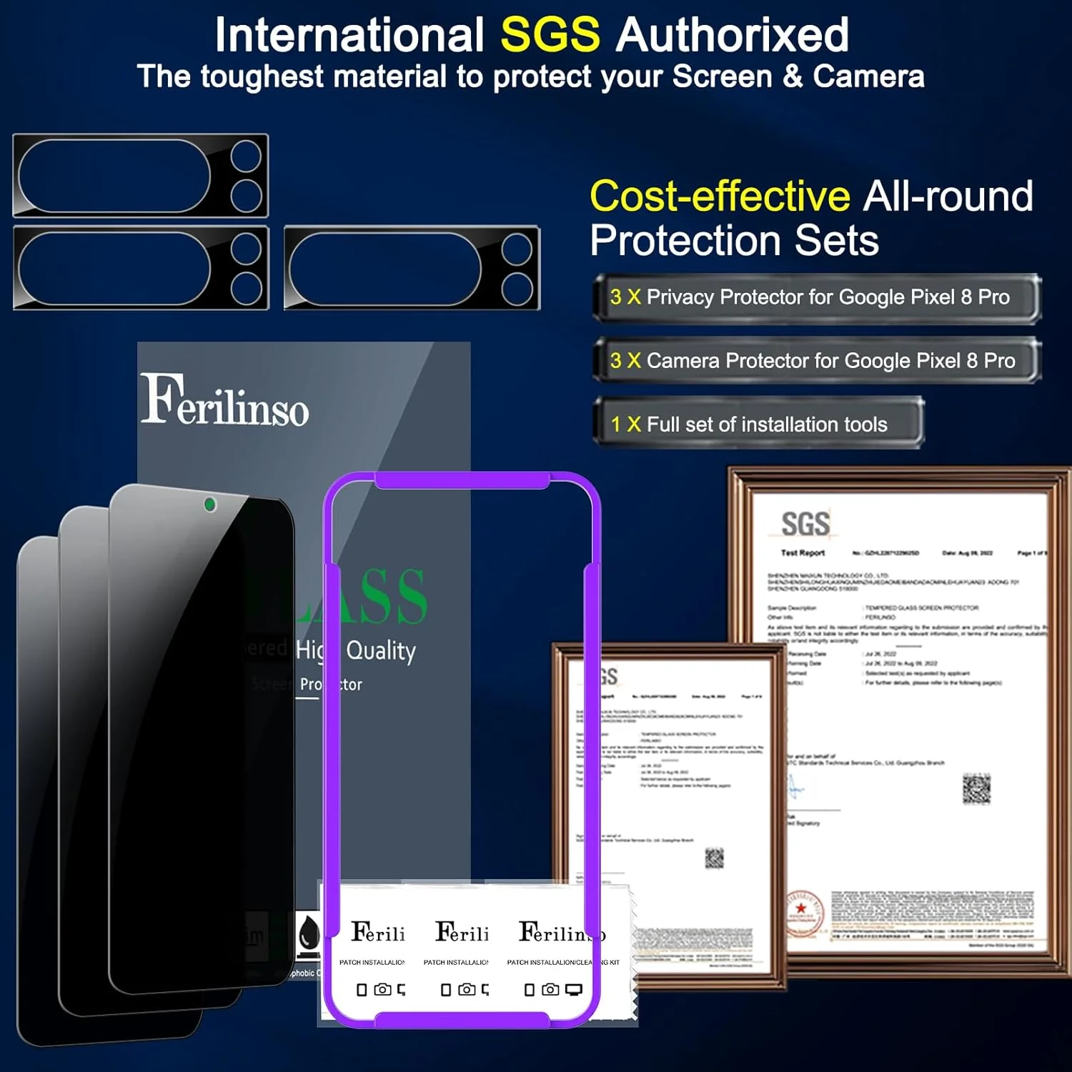 محافظ صفحه نمایش حریم خصوصی Ferilinso بسته 3 عددی برای گوگل پیکسل 8 پرو به همراه محافظ لنز دوربین شیشه ای حرارت دیده بسته 3 عددی، لوازم جانبی سازگار با قاب گوشی، محافظ صفحه نمایش برای گوگل پیکسل 8 پرو