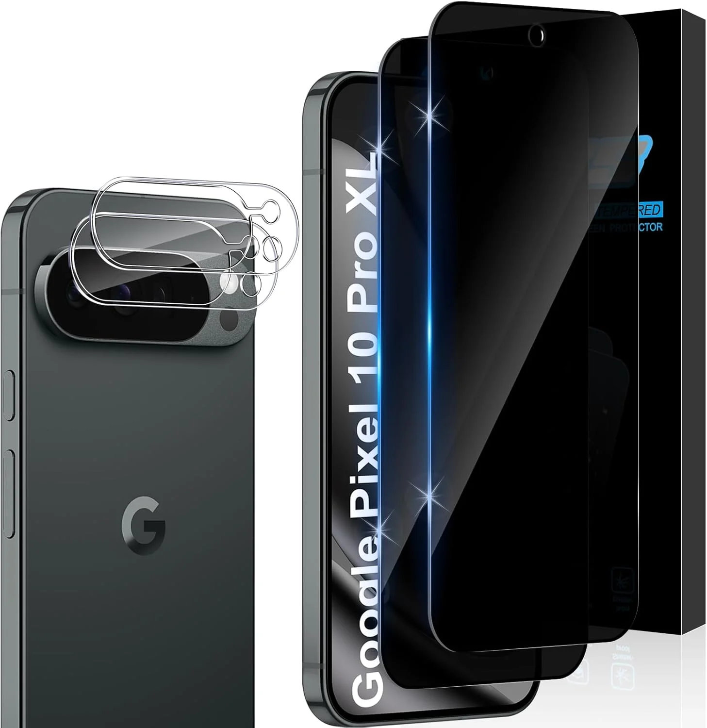 محافظ صفحه نمایش حریم خصوصی Aerku برای Google Pixel 10 Pro XL از جنس شیشه حرارت دیده، بسته 2 عددی محافظ صفحه نمایش حریم خصوصی و 2 عدد محافظ دوربین HD، سختی 9H، فیلم ضد جاسوسی، شیشه محافظ حریم خصوصی