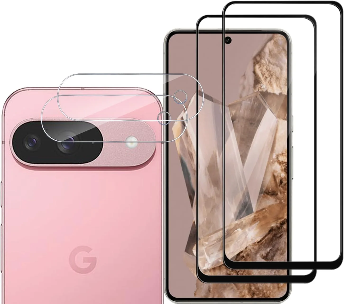 GMUJIAO [بسته 2+2 عددی] سازگار با Google Pixel 9، شامل محافظ صفحه نمایش شیشه ای حرارت دیده و محافظ لنز دوربین، محافظ شیشه ای حرارت دیده [بدون حباب] [شفافیت HD] - مشکی