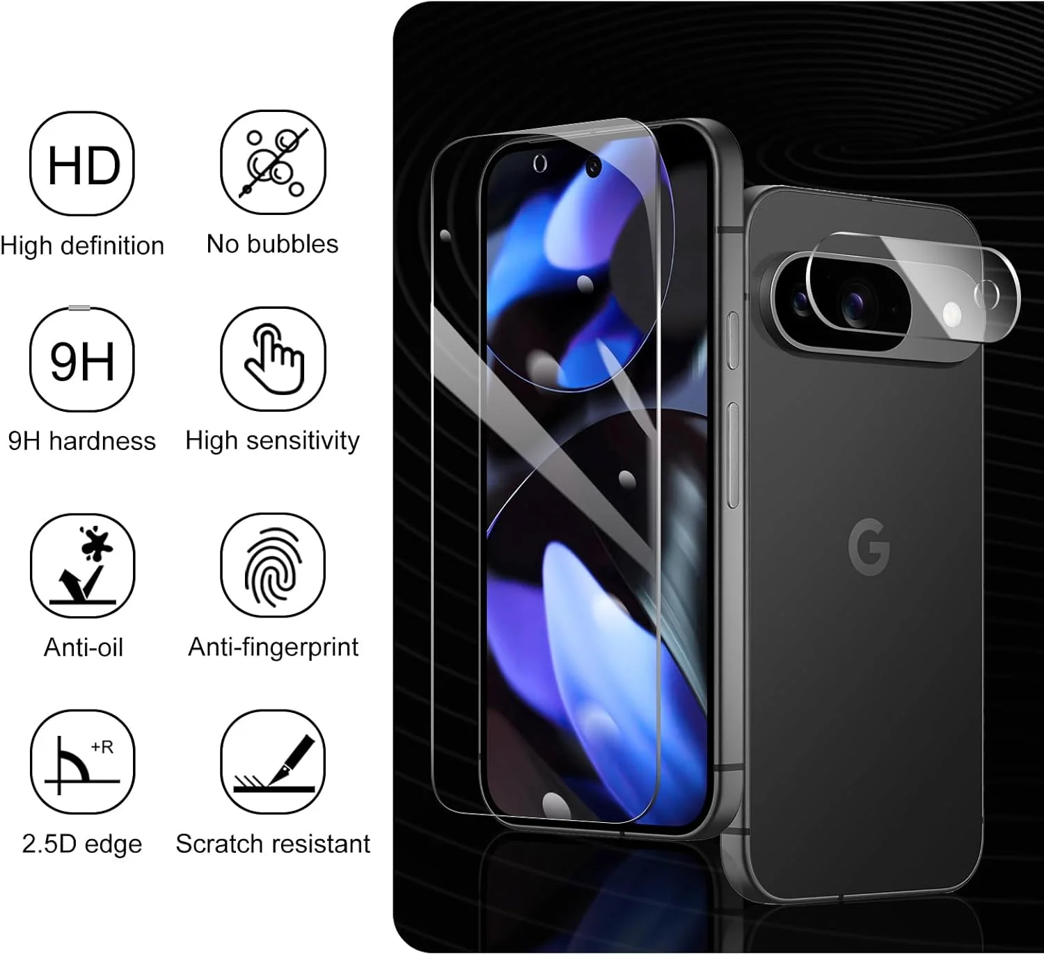 2 عدد محافظ صفحه نمایش برای گوگل پیکسل 9 + 2 عدد محافظ لنز دوربین، شیشه حرارت دیده با سختی 9H، مقاوم در برابر خش، نصب آسان، بدون حباب، شفافیت HD