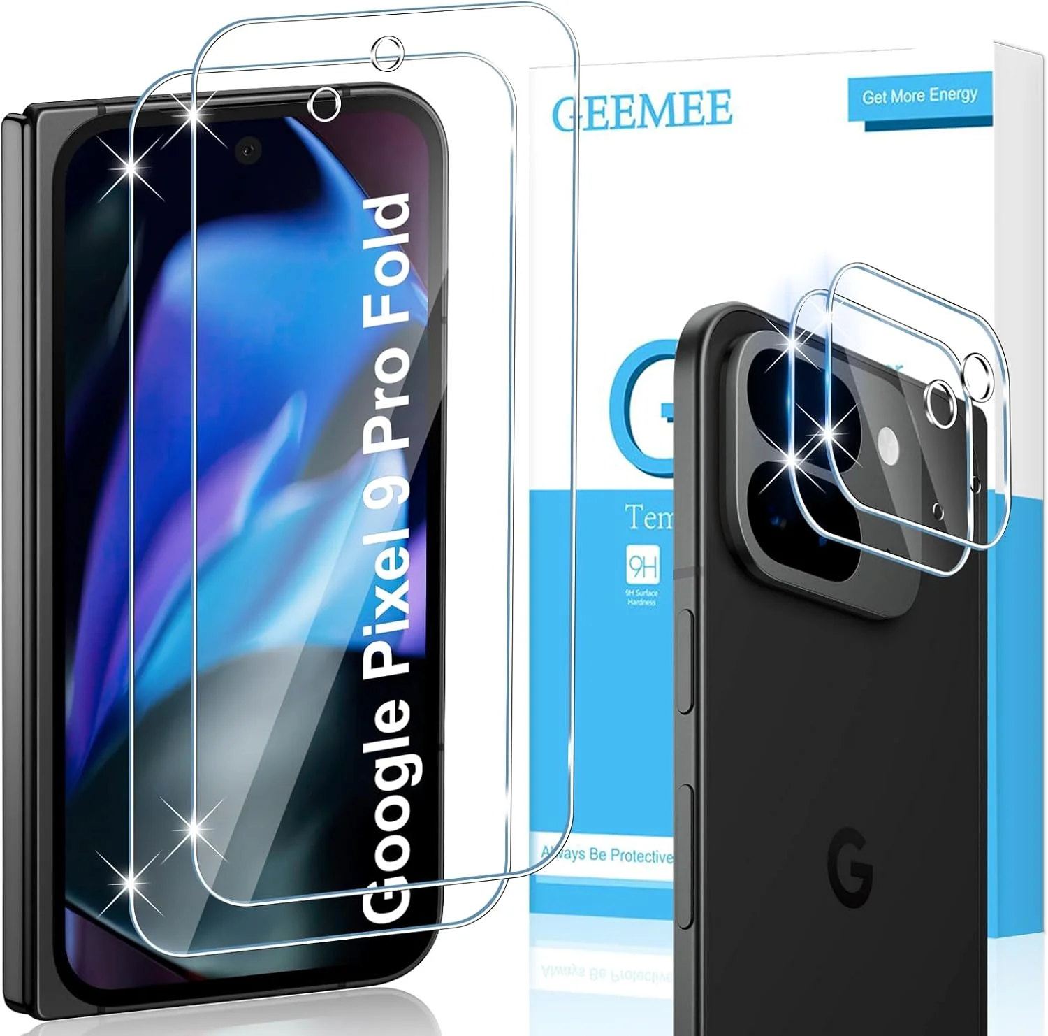 محافظ صفحه نمایش شیشه ای تمپرد و فیلم محافظ دوربین GEEMEE برای گوگل پیکسل 9 پرو فولد، 2 عدد محافظ صفحه + 2 عدد فیلم محافظ دوربین، سختی 9H، شیشه محافظ تمپرد با حساسیت بالا