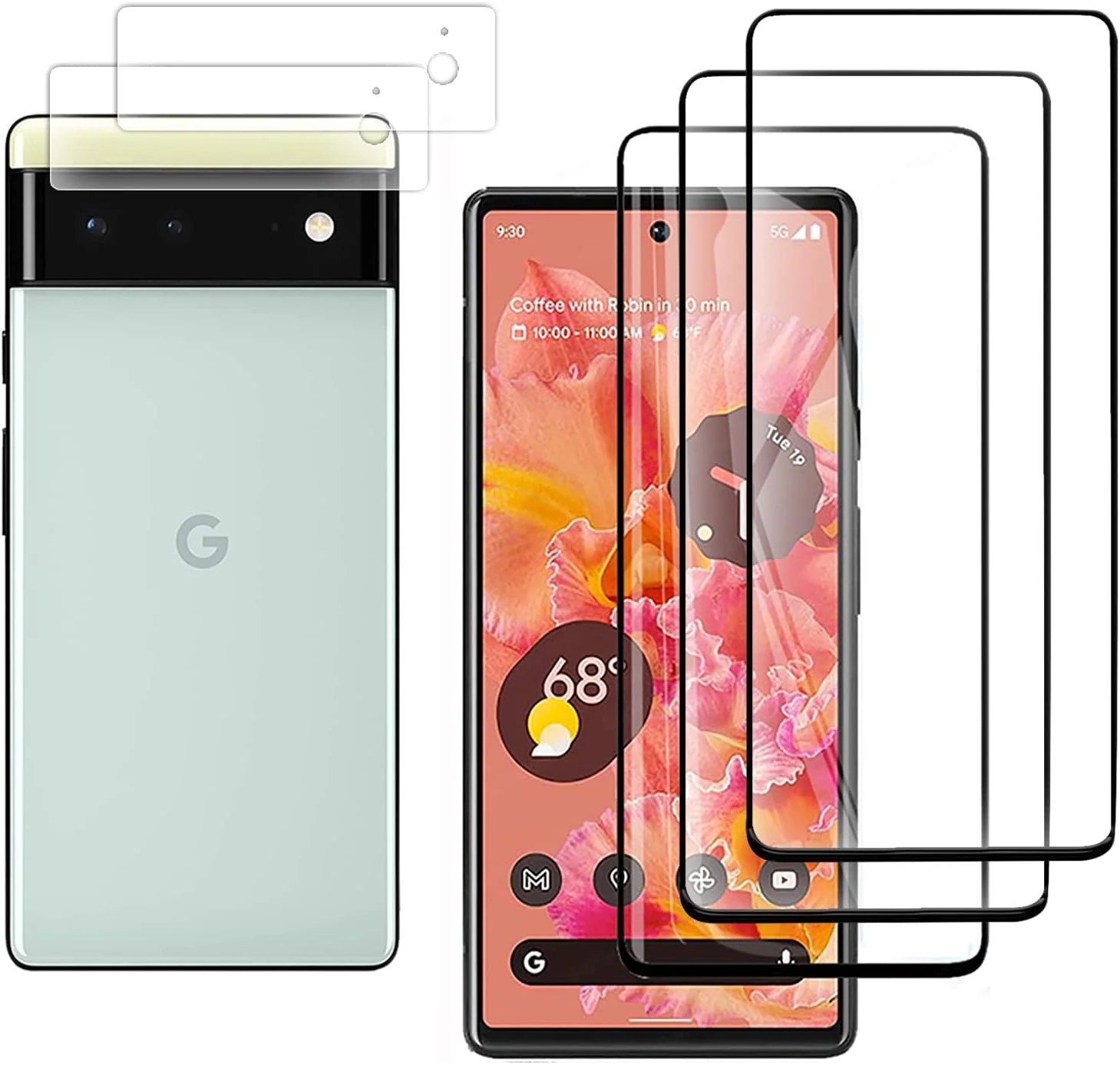 محافظ صفحه نمایش شیشه ای XBLDS برای گوگل پیکسل 6، بسته 3+2 عددی به همراه محافظ لنز دوربین، محافظ صفحه نمایش شفاف HD فقط برای گوگل پیکسل 6