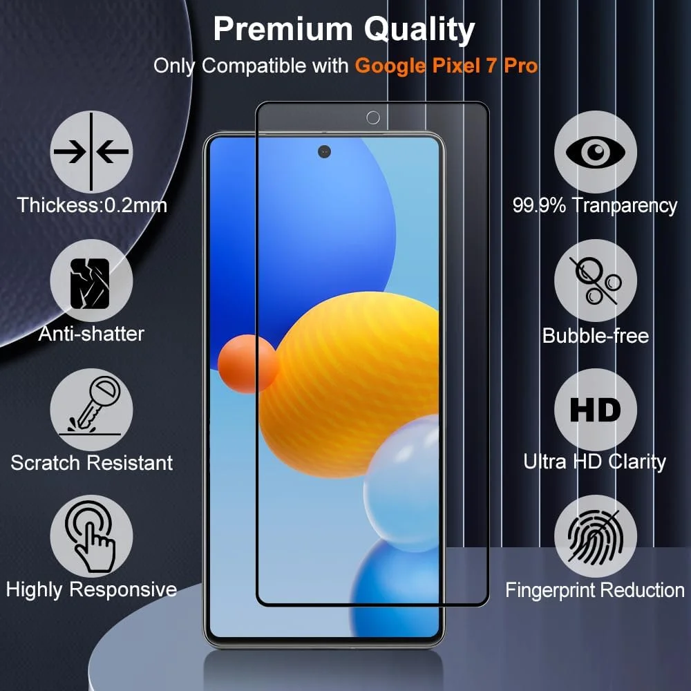 محافظ صفحه نمایش برای گوگل پیکسل 7 پرو، بسته 2 عددی شیشه حرارت دیده با پوشش کامل منحنی سه بعدی، ضد خش، بدون حباب، حساس به لمس، نصب آسان، فیلم محافظ فوق العاده با کیفیت HD