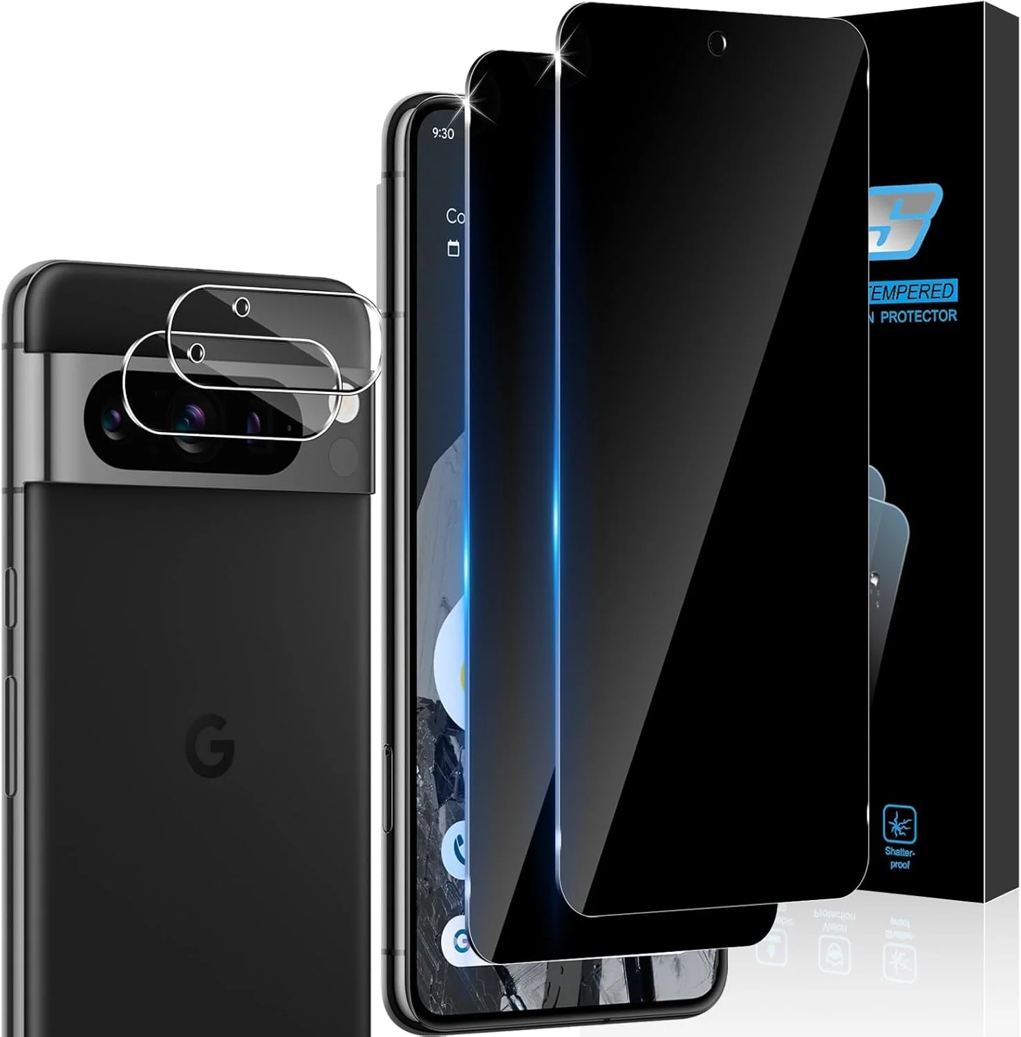 Aerku Privacy Screen Protector for Google Pixel 8 Pro 5G for Tempered Glass, Pack of 2 Privacy Screen Protectors and 2 HD Camera Protection, Anti-Spy 9H Hardness Film Privacy Protective Glass