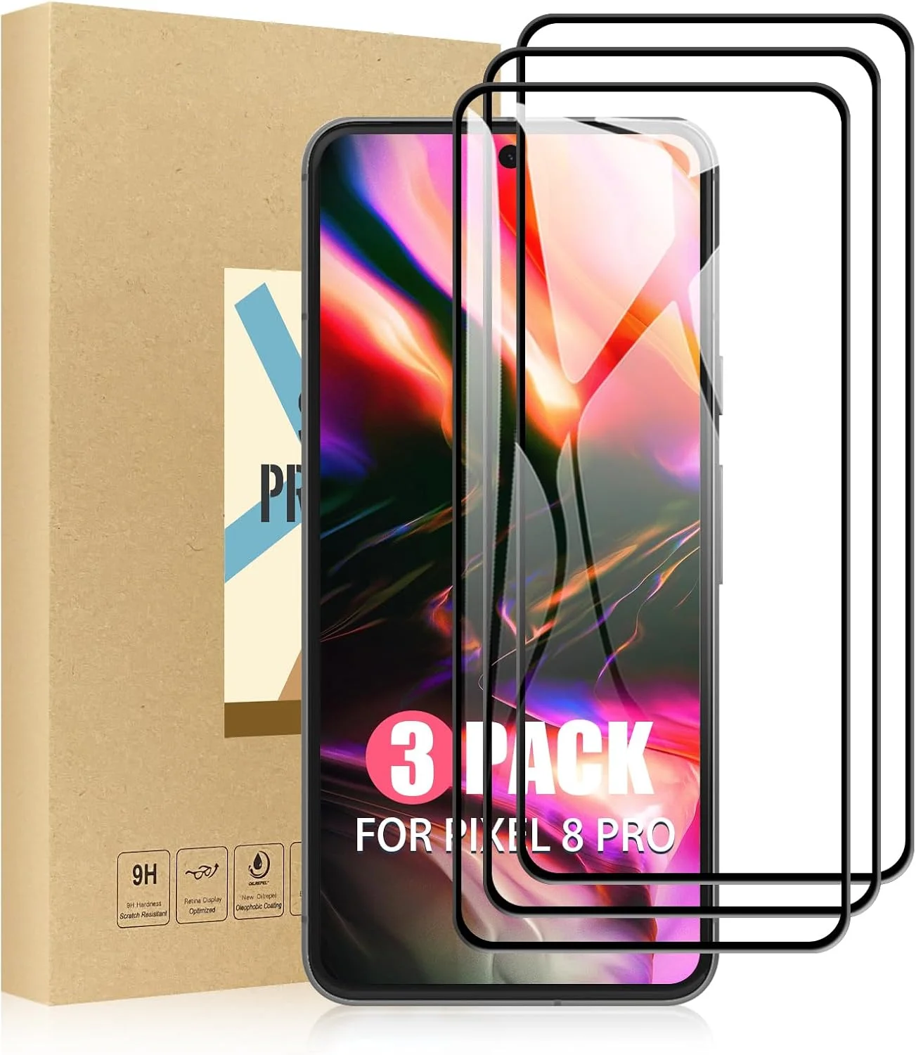 محافظ صفحه نمایش SCL سازگار با محافظ صفحه نمایش Google 8 Pro، فیلم شیشه ای حرارت دیده Google Pixel 8 Pro [بسته 3 عددی]، [پوشش کامل منحنی سه بعدی، نصب آسان، بدون حباب، سختی 9H]