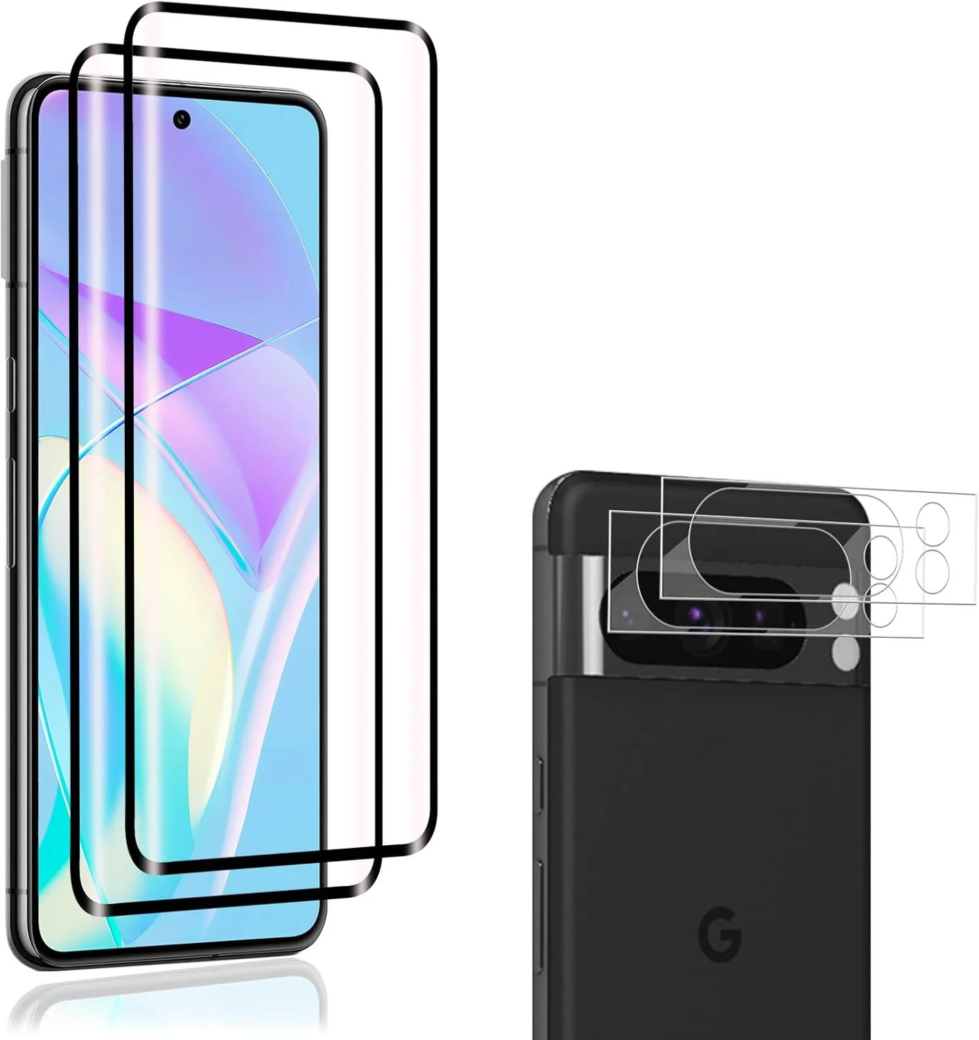 محافظ صفحه نمایش شیشه ای حرارت دیده برای محافظت از دوربین گوگل پیکسل 8 پرو، بسته 2 عددی + 2 عدد محافظ صفحه نمایش 9H بدون حباب برای فیلم پیکسل 8 پرو، فوق العاده شفاف، فوق العاده نازک، اثر انگشت