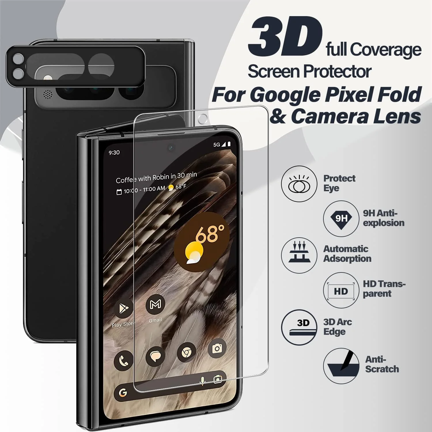 محافظ صفحه نمایش شیشه ای حرارت دیده پیکسل فولد + محافظ لنز دوربین [بسته 2 + 1 عددی] [باز کردن قفل با اثر انگشت] [ضد خش] [سازگار با قاب] فیلم محافظ شفاف HD برای گوگل پیکسل فولد