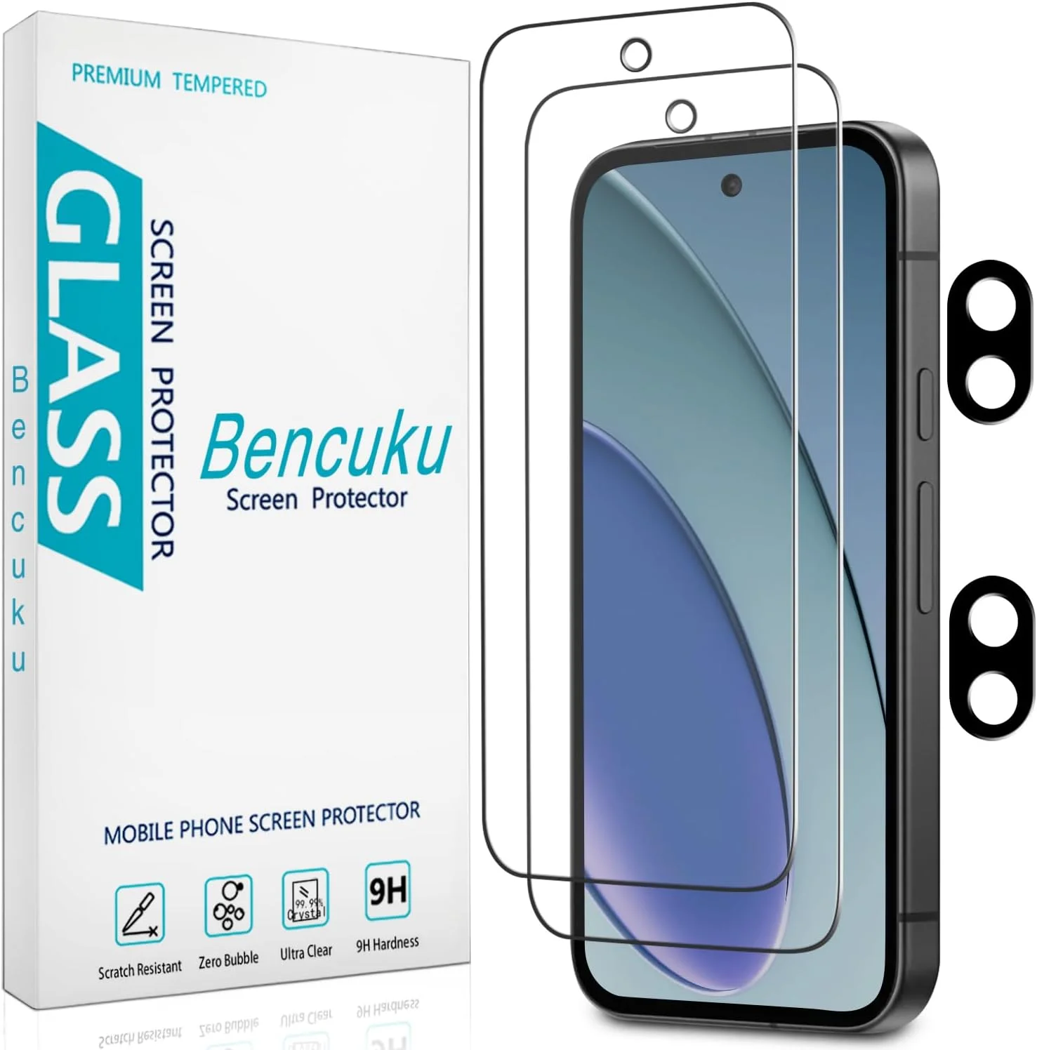 محافظ صفحه نمایش بنکوکو 2 عددی برای گوگل پیکسل 9a به همراه 2 عدد محافظ لنز دوربین، شیشه حرارت دیده 9H، ضد خش، بدون حباب