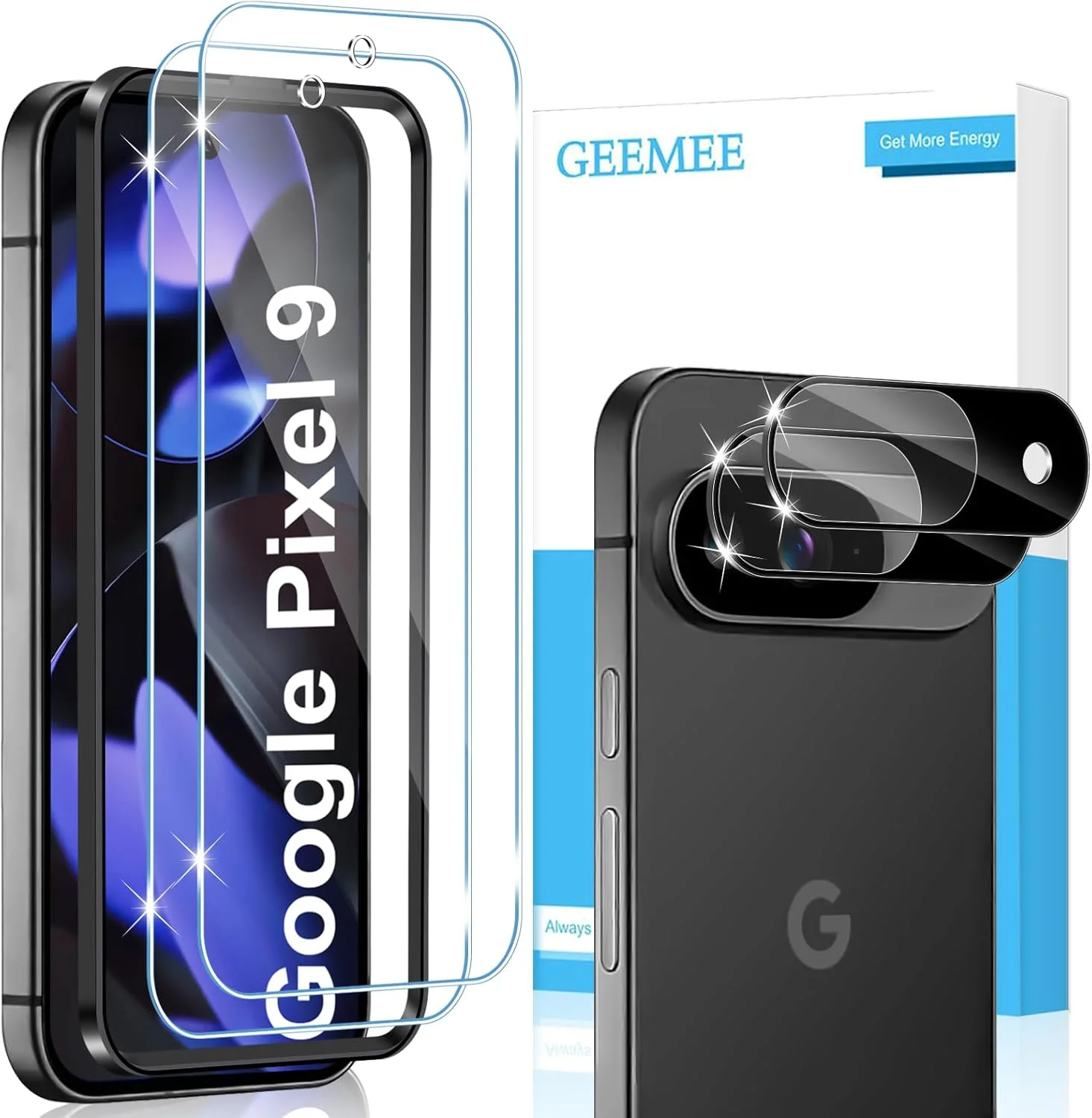 محافظ صفحه نمایش شیشه ای حرارت دیده GEEMEE برای گوگل پیکسل 9، بسته 2 عددی محافظ صفحه نمایش با 2 محافظ دوربین از جنس شیشه حرارت دیده (مشکی)، سختی فیلم 9H، حساسیت شیشه حرارت دیده