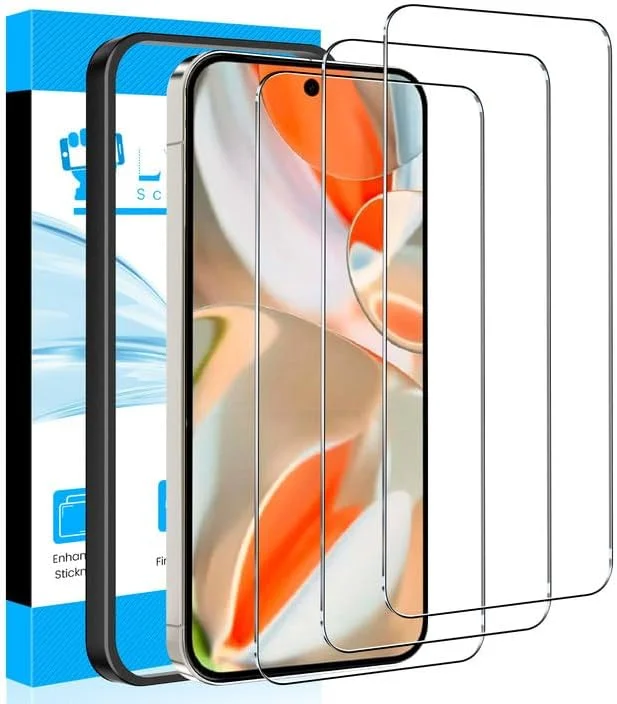 محافظ صفحه نمایش LYWHL برای گوگل پیکسل 9 پرو XL، بسته 3 عددی فیلم شیشه ای حرارت دیده با لوازم جانبی قاب نصب آسان، باز کردن قفل اثر انگشت لمسی حساس، بدون حباب، سازگار با قاب گوشی