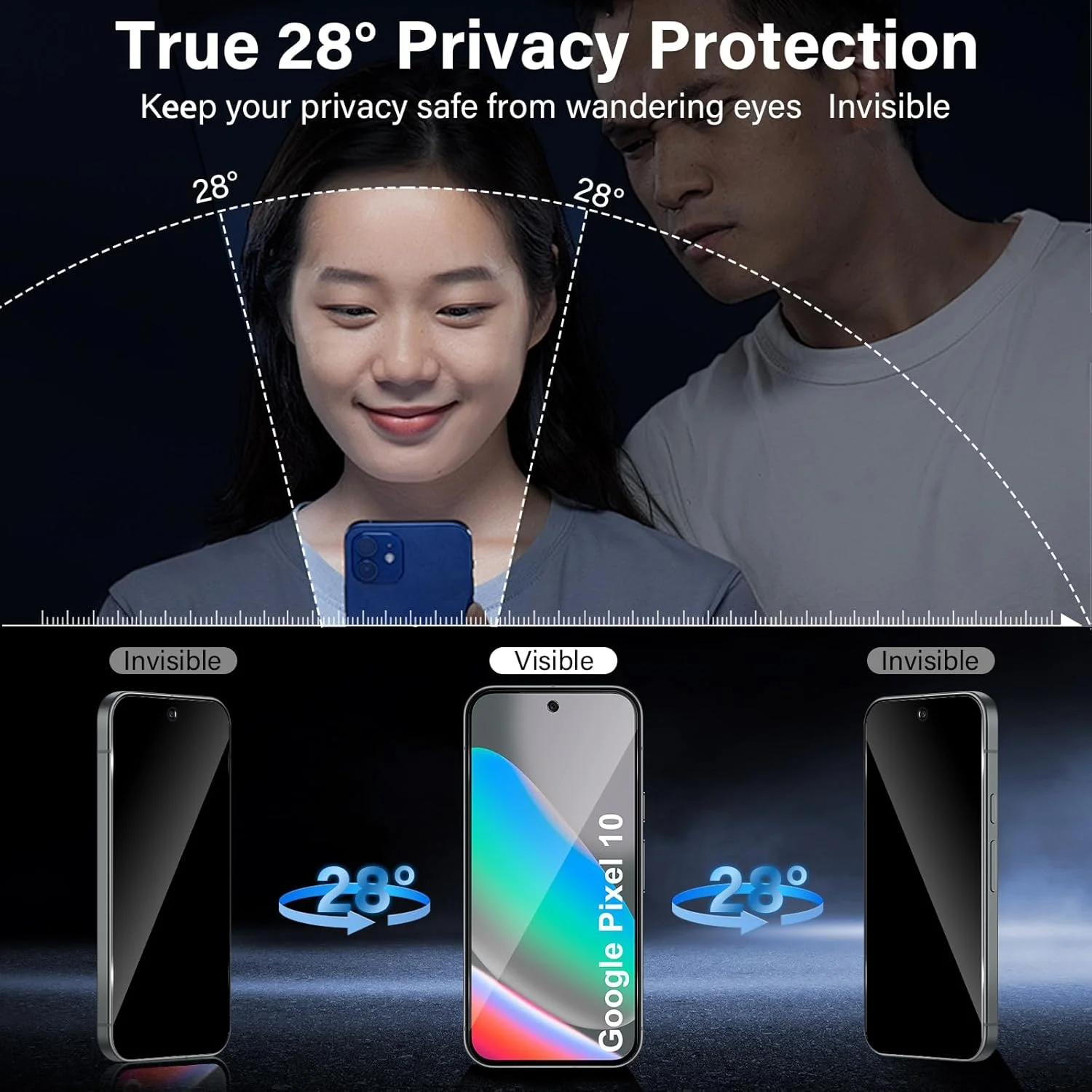 محافظ صفحه نمایش حریم خصوصی Funrae برای گوگل پیکسل 10، شیشه حرارت دیده با محافظ دوربین HD [2+2 تکه]، محافظ صفحه نمایش ضد خش و ضد جاسوسی با سختی 9H