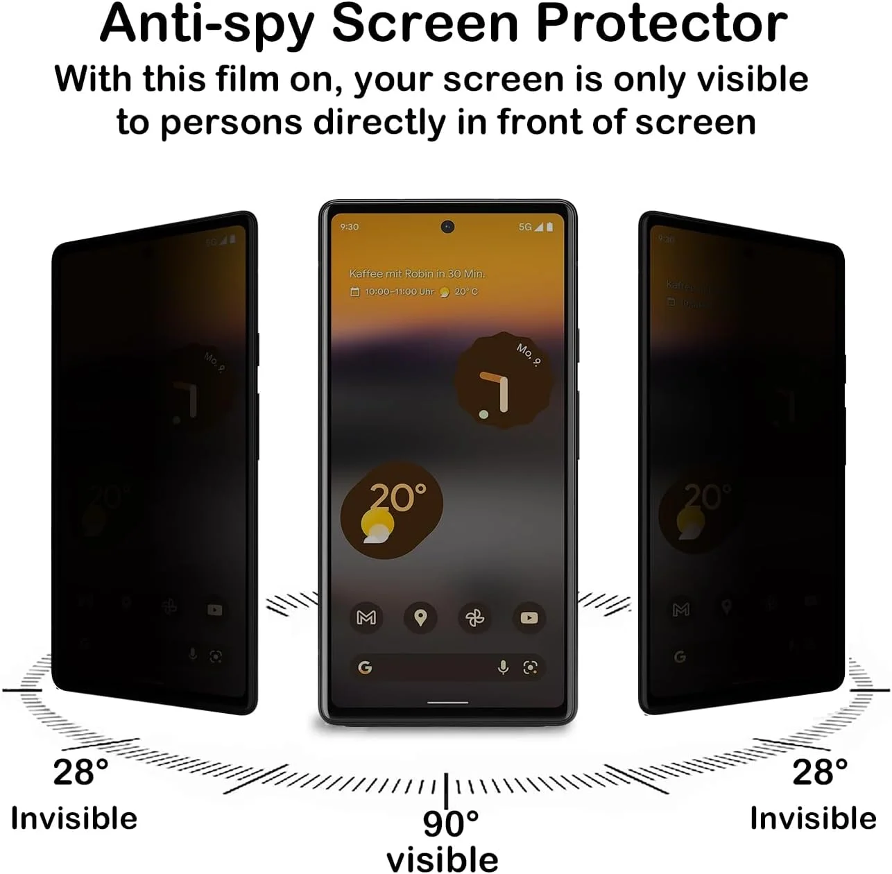 محافظ صفحه نمایش حریم خصوصی برای گوگل پیکسل 6a [بسته 2 عددی]، محافظ صفحه نمایش ضد جاسوسی، سختی 9H، ضد خش، ضد اثر انگشت، حساسیت بالا، فیلم شیشه ای حرارت دیده ضد جاسوسی برای گوگل پیکسل 6a