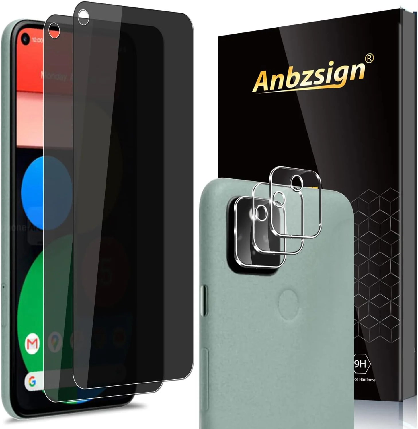 Anbel Design Anbzsign [2 Pack] Camera Lens Protector and [2 Pack] Privacy Screen Protector for Google Pixel 5 / Pixel 5 5G (2020), Anti-Spy 9H Hardness Tempered Glass