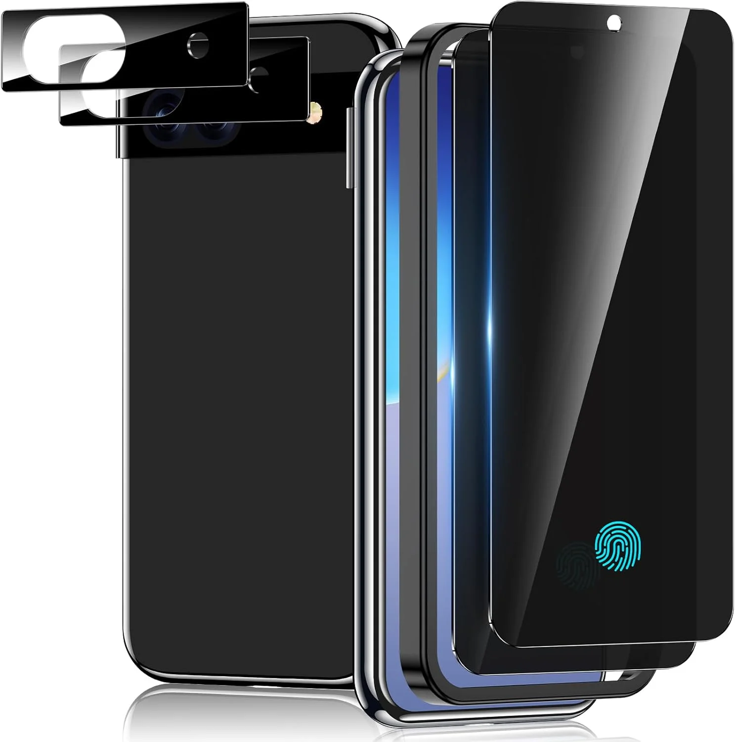 محافظ صفحه نمایش حریم خصوصی و محافظ لنز دوربین WYQLTD [بسته 2+2] برای گوگل پیکسل 8A، ضد جاسوسی، باز کردن قفل اثر انگشت، نصب آسان، شیشه حرارت دیده