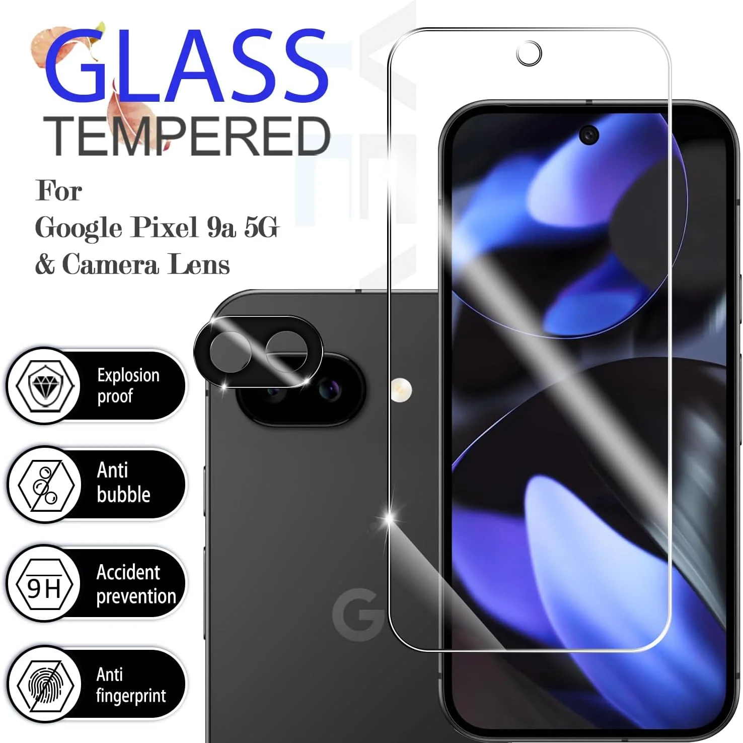 محافظ صفحه نمایش YEYEBF برای گوگل پیکسل 9A، [بسته 2+2] شیشه حرارت دیده برای پیکسل 9A و محافظ لنز دوربین [باز کردن قفل اثر انگشت اولتراسونیک] [سازگار با قاب] [بدون حباب] 6.3 اینچ