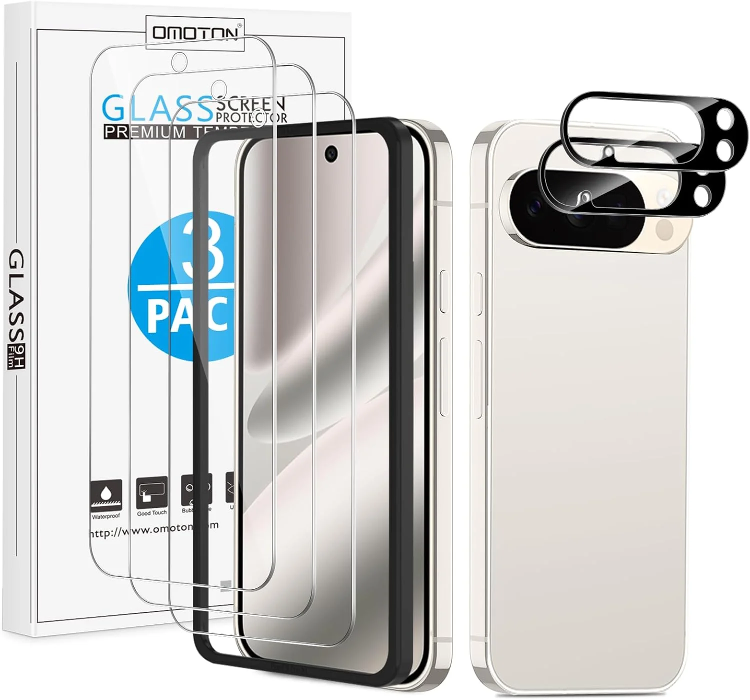 محافظ صفحه نمایش 3+2 عددی OMOTON برای گوگل پیکسل 10 پرو 6.3 اینچی 2025، 3 عدد محافظ صفحه نمایش شیشه ای حرارت دیده و 2 عدد محافظ لنز دوربین، سازگار با قاب (نه برای پیکسل 10/10 پرو XL)