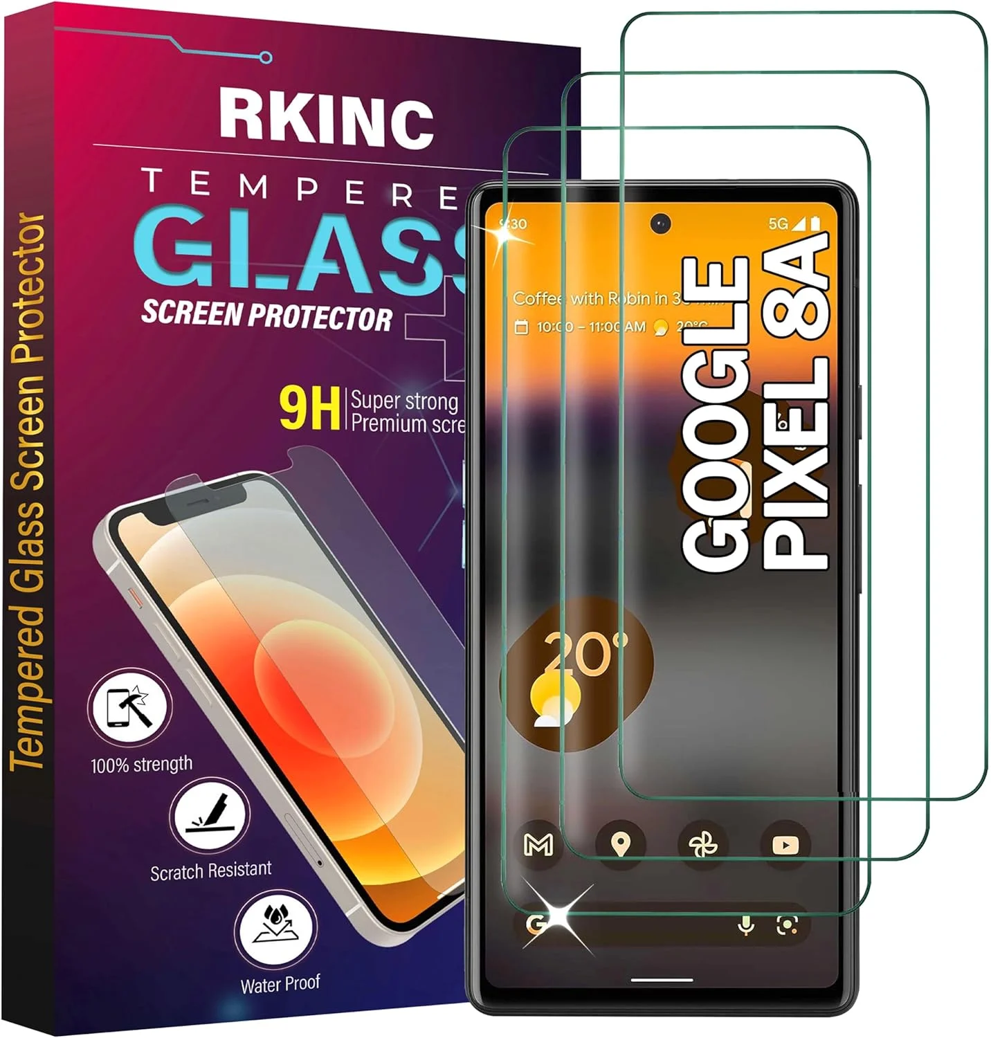 محافظ صفحه نمایش شیشه ای RKINC برای گوگل پیکسل 8A، محافظ صفحه نمایش شیشه ای حرارت دیده، 0.33 میلی متر، مقاوم در برابر خراش، بدون حباب، مقاوم در برابر شکستگی، بسته 3 عددی محافظ صفحه نمایش شیشه ای RKINC برای گوگل پیکسل 8A، محافظ صفحه نمایش شیشه ای حرارت دیده، 0.33 میلی متر، مقاوم در برابر خراش، بدون حباب، مقاوم در برابر شکستگی، بسته 3 عددی
