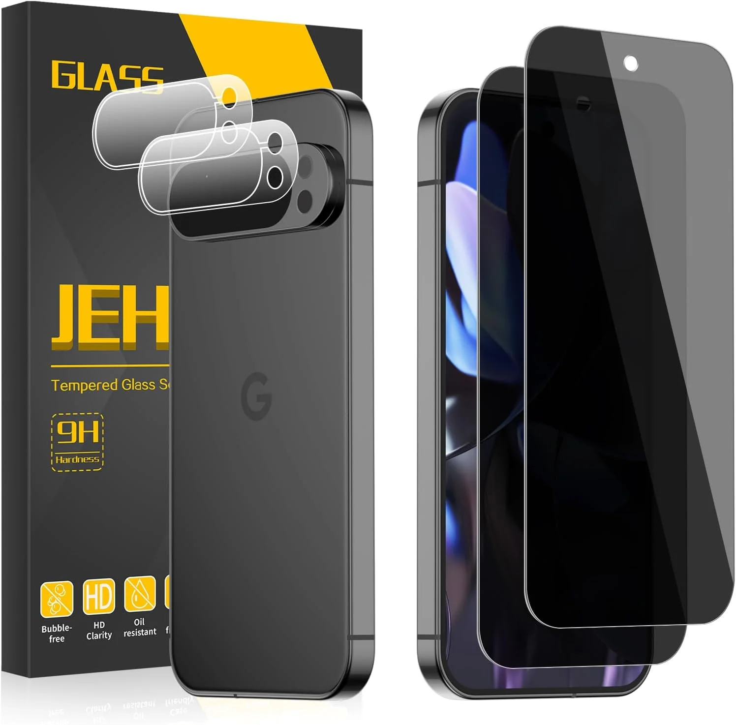 محافظ صفحه نمایش شیشه ای حریم خصوصی JEHOO [بسته 2+2]، 2 بسته برای Google Pixel 9 Pro به همراه 2 بسته محافظ لنز دوربین، پشتیبانی از باز کردن قفل اثر انگشت، سختی 9H