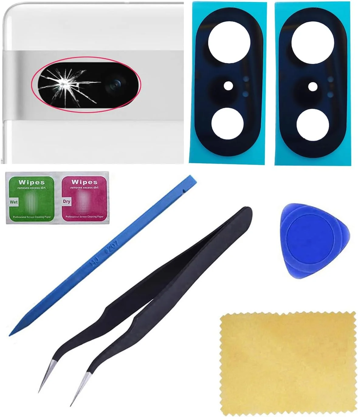 ubrokeifixit پوشش لنز شیشه ای دوربین پشتی برای گوگل پیکسل 7 6.3 اینچ مدل GVU6C GQML3 سال 2022، همراه با نوار از پیش برش خورده (2 عدد / پیکسل 7 6.3 اینچ / مشکی)