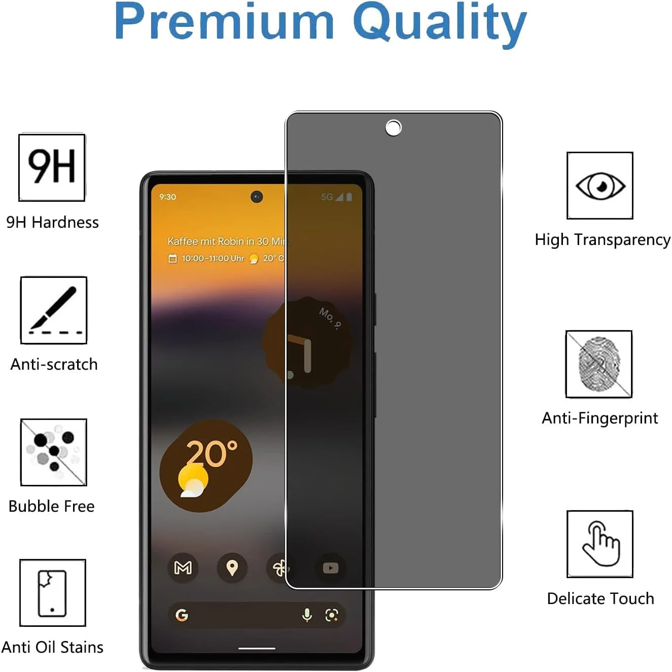 محافظ صفحه نمایش شیشه ای حریم خصوصی YIFNTANG [2 عدد] برای Google Pixel 6A 5G، سختی 9H، ضد خش، بدون حباب، سازگار با Google Pixel 6A 5G