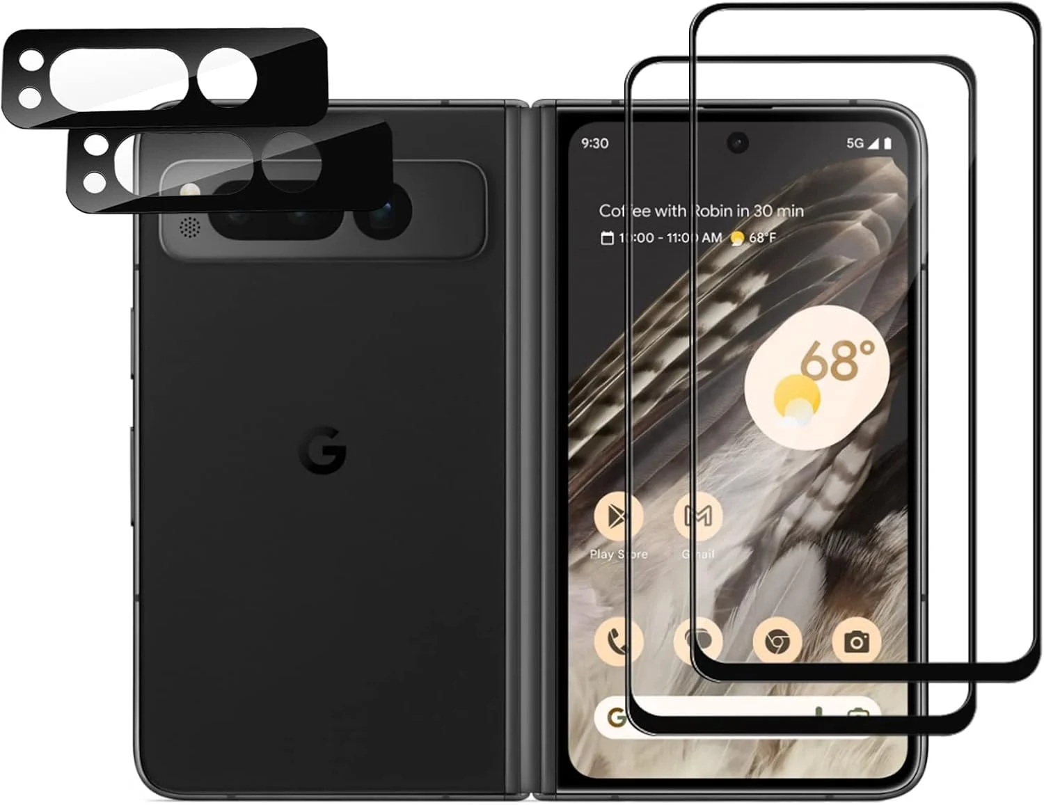 محافظ صفحه نمایش و محافظ لنز دوربین شیشه ای GMUJIAO [بسته 2+2 عددی] سازگار با Google Pixel Fold، شیشه حرارت دیده ممتاز [ضد خش] - مشکی