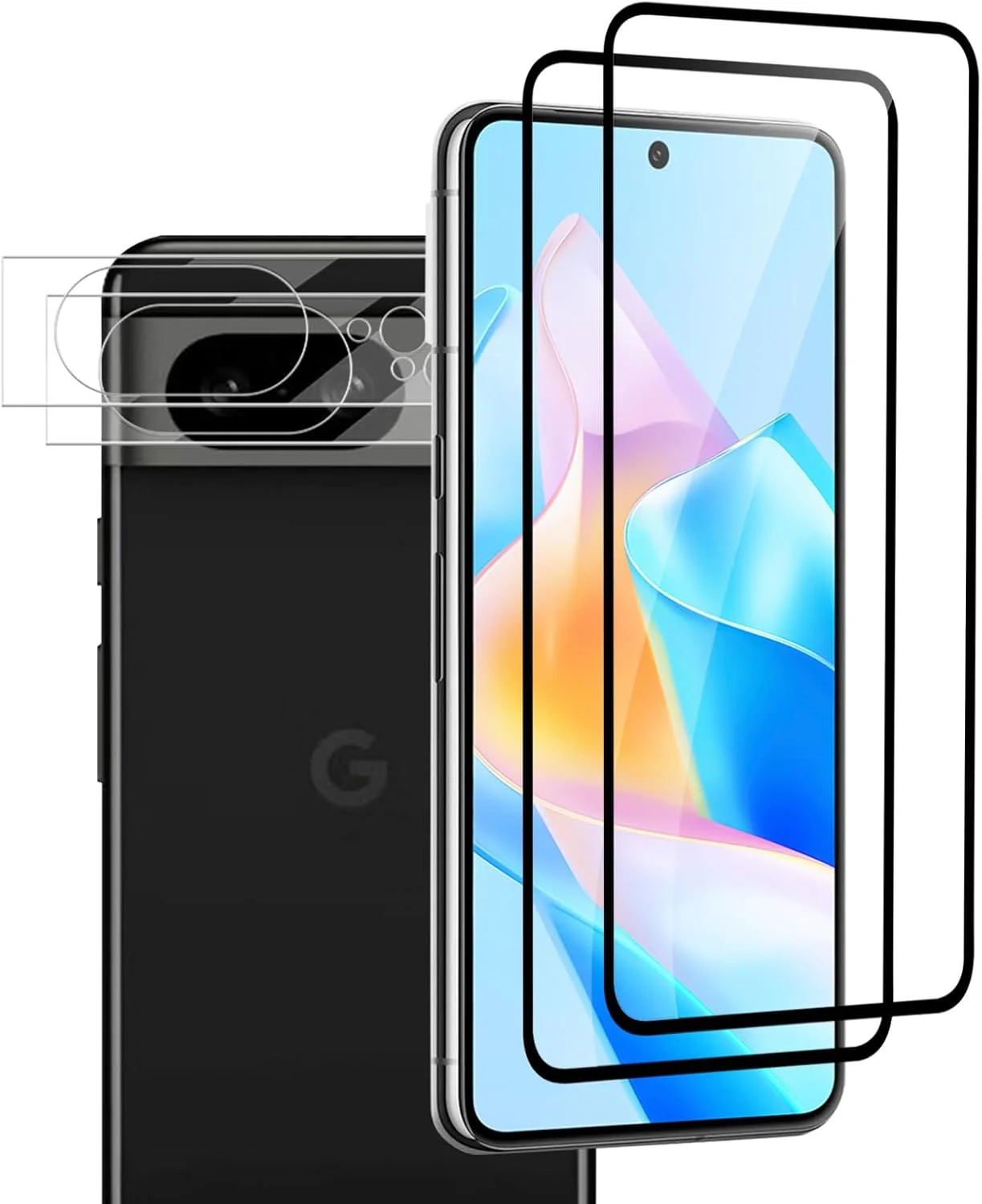 محافظ صفحه نمایش شیشه ای حرارت دیده دوربین Google Pixel 8، بسته 4 عددی (2+2)، سختی 9H، بدون حباب، وضوح HD، دقت لمسی 100٪، ضد خش، پوشش کامل