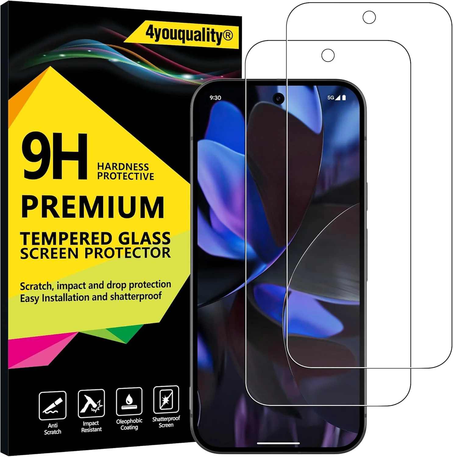 محافظ صفحه نمایش 4youquality برای گوگل پیکسل 9 پرو XL (6.8 اینچ)، فیلم شیشه ای حرارت دیده، بسته 2 عددی، [مقاوم در برابر ضربه][ضد خش]