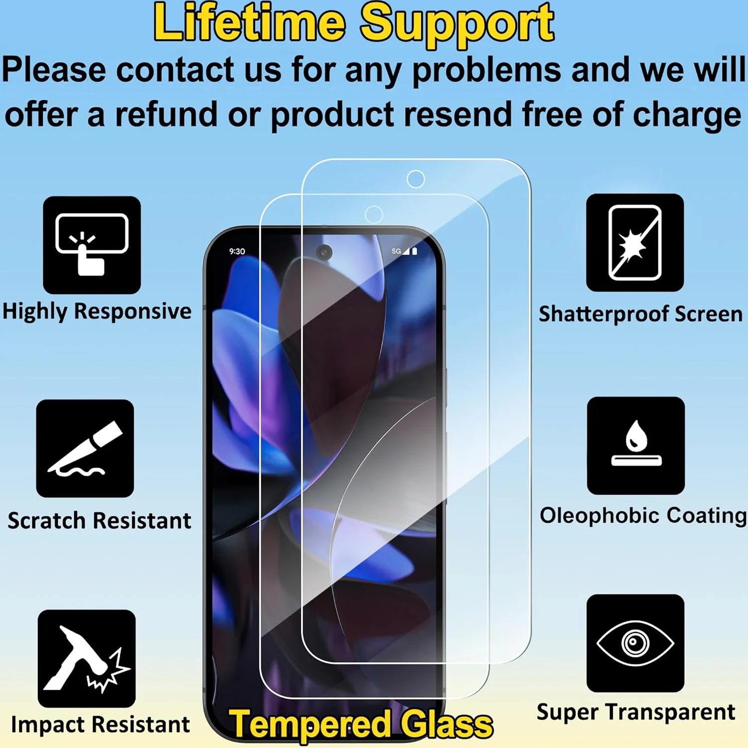 محافظ صفحه نمایش 4youquality برای گوگل پیکسل 9 پرو XL (6.8 اینچ)، فیلم شیشه ای حرارت دیده، بسته 2 عددی، [مقاوم در برابر ضربه][ضد خش]